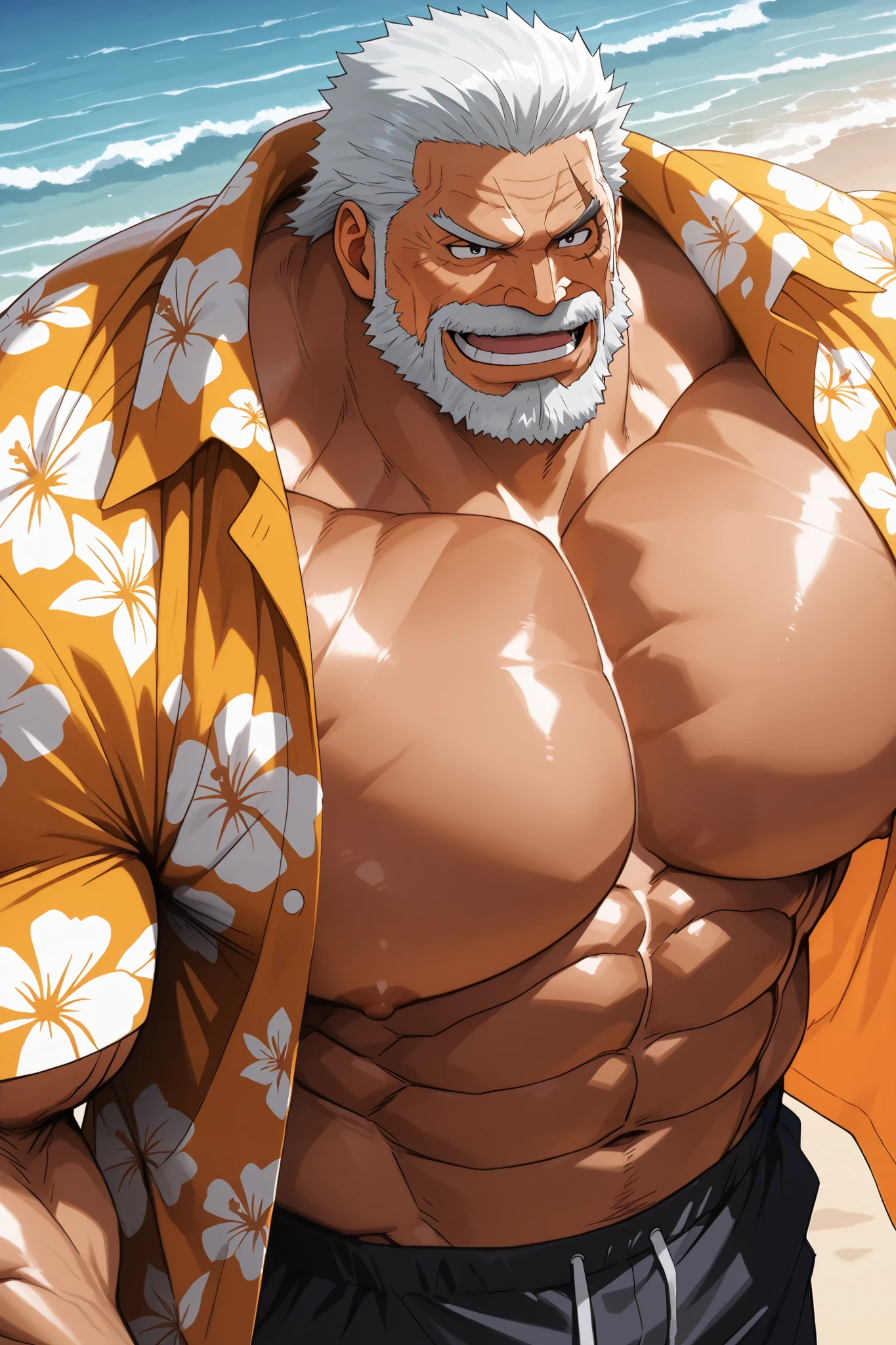 solo, muscular old man, garp, white_Garp_old facial hair, grey_Garp_short hair, black_Garp_scar on face, black_Garp_eyes, happy, beach, side chest, Stand slightly sideways, side angel, Hawaiian shirt, open shirt, very huge pectoral, shorts, detailed face:1.3, eyes, wide shoulder, thick arms, wide pectoral, muscle, short hair:1.2, masterpiece, semirealistic:1.2, high detailed, 8k, high resolution