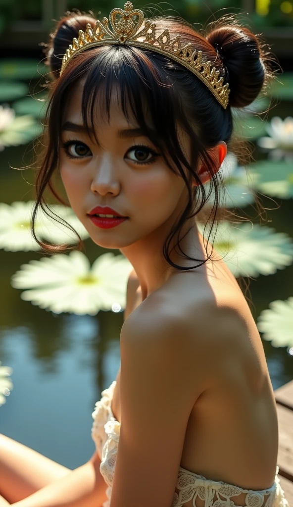 a naked Japanese girl in a watercolor painting, hair, detailed face, detailed skin, detailed anatomy, A giant ell without scales wraps itself around her, on the swamp, from above, soft colors, vibrant colors, detailed textures, masterpiece, photorealistic, 8k, high resolution