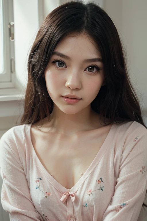 (best quality,highres:1.2),ultra-detailed,realistic,illustration,beautiful detailed eyes and face,long hair style,perfect face,Asian girl,soft pink lips,sweat,blush,ample bosom,bedroom, white shirt bottoms down, student outfits