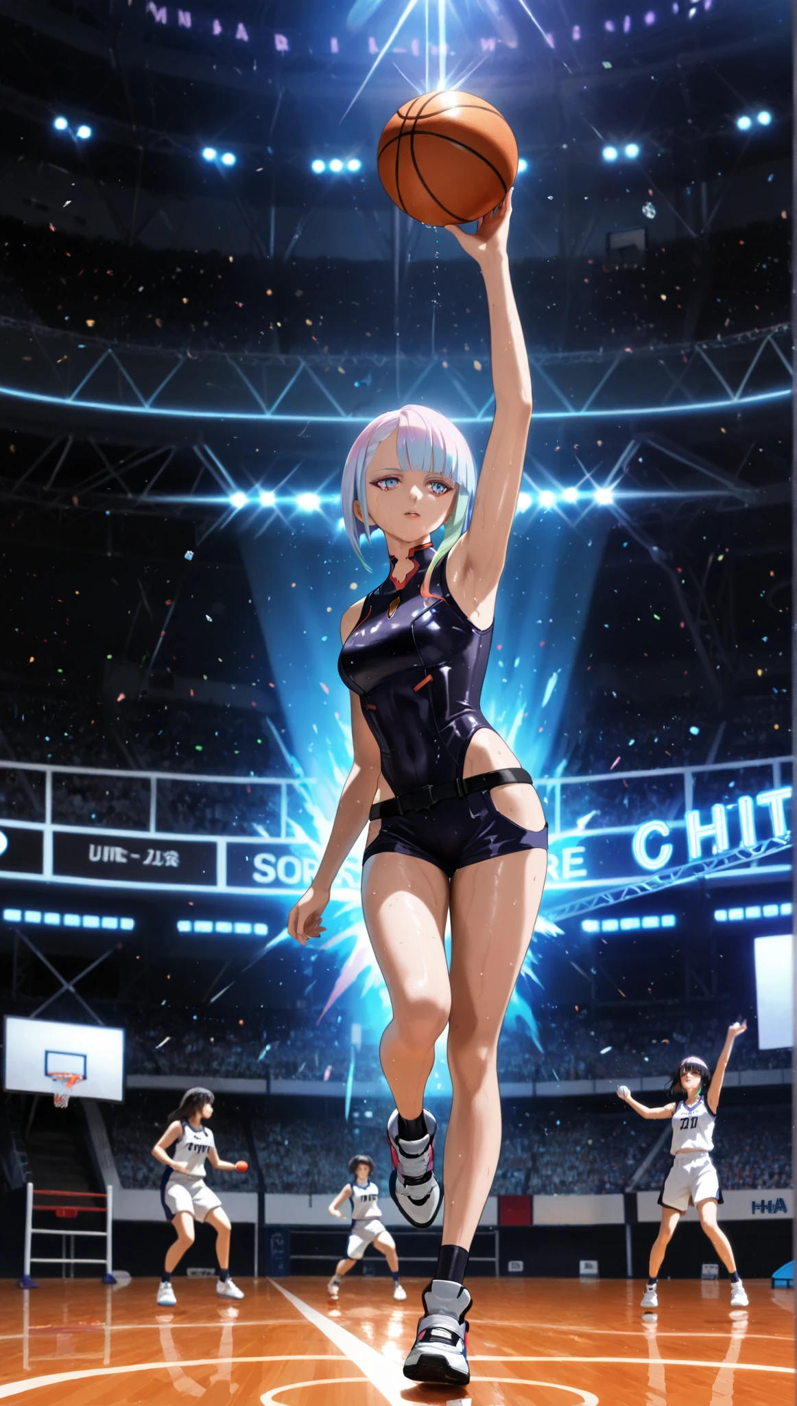 Lucy, Cyberpunk Edgerunners, illustration, dramatic lighting , Masterpiece , better quality , ultra-detailed , photorealistic representation of a basketball game on a basketball court . many girls panic in the background, a girl who sinks into the basketball ring, dramatic action photo , Neon lights, lens flare . colorful lighting , the stage is very bright and colorful, sweaty, nba, 3/4 bodies. ( super sharp focus ), (death, in the basketball ring in front of her), (holding a ball with one hand), bursts of colors,(the girl jumps in the air to score a dump shot, about to hit the ball), (side view)
