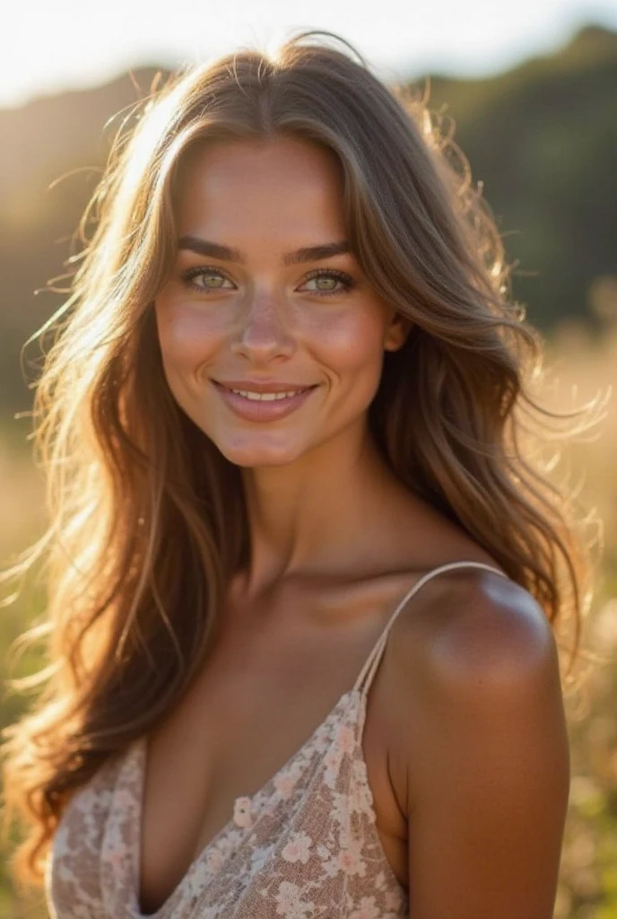 A woman with wavy brown hair, green eyes and freckles on the face 
