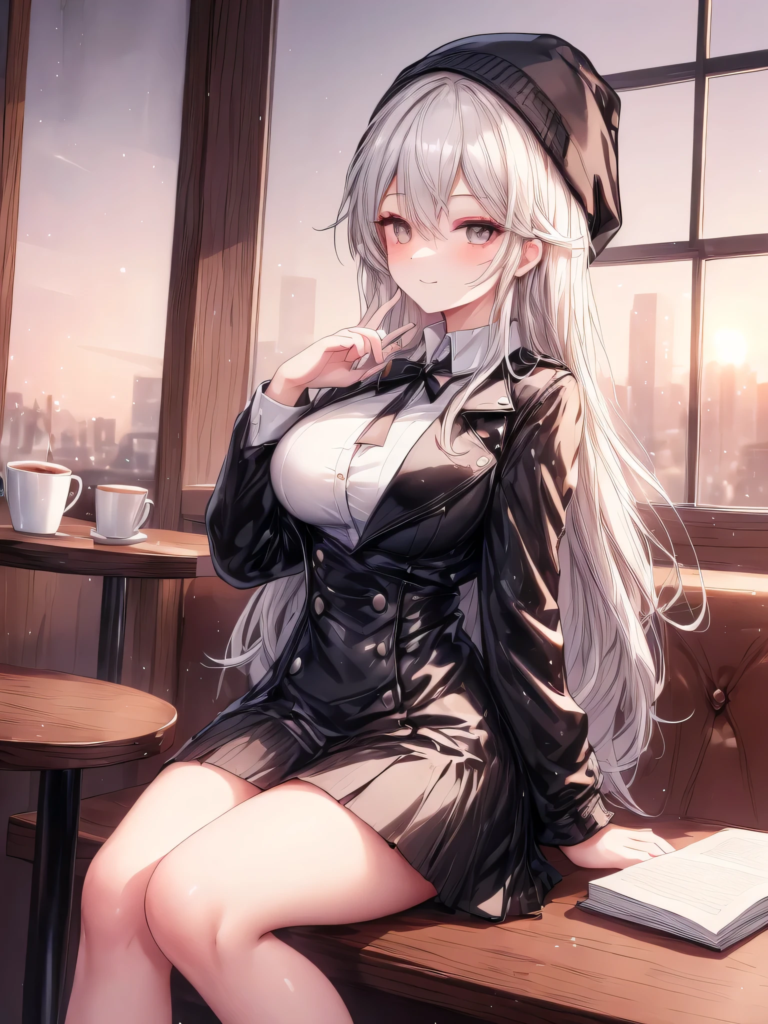 (Masterpiece, 4k, ultra high quality, well detailed), a beautiful woman sitting in a coffee shop with a cup of coffee and a book on the table, long hair, Straight hair, gray hair, ojos marrones, beautiful eyes, detailed face, beautiful face, Smiling Face, Big breasts, juicy breasts, two arms, five-fingered hands, (white shirt), short skirts, black jacket, black beanie hat , black tie, looking out the window , sunset, left profile, background of a cozy coffee shop