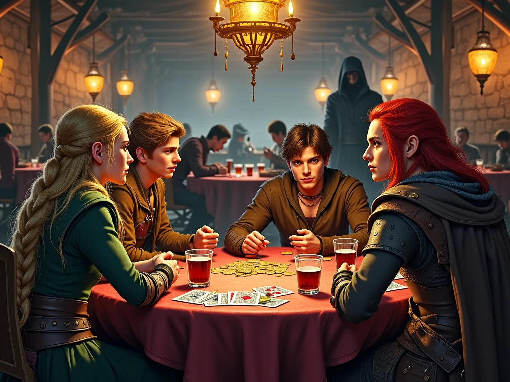 a group of three adventurers in a tavern playing dice
