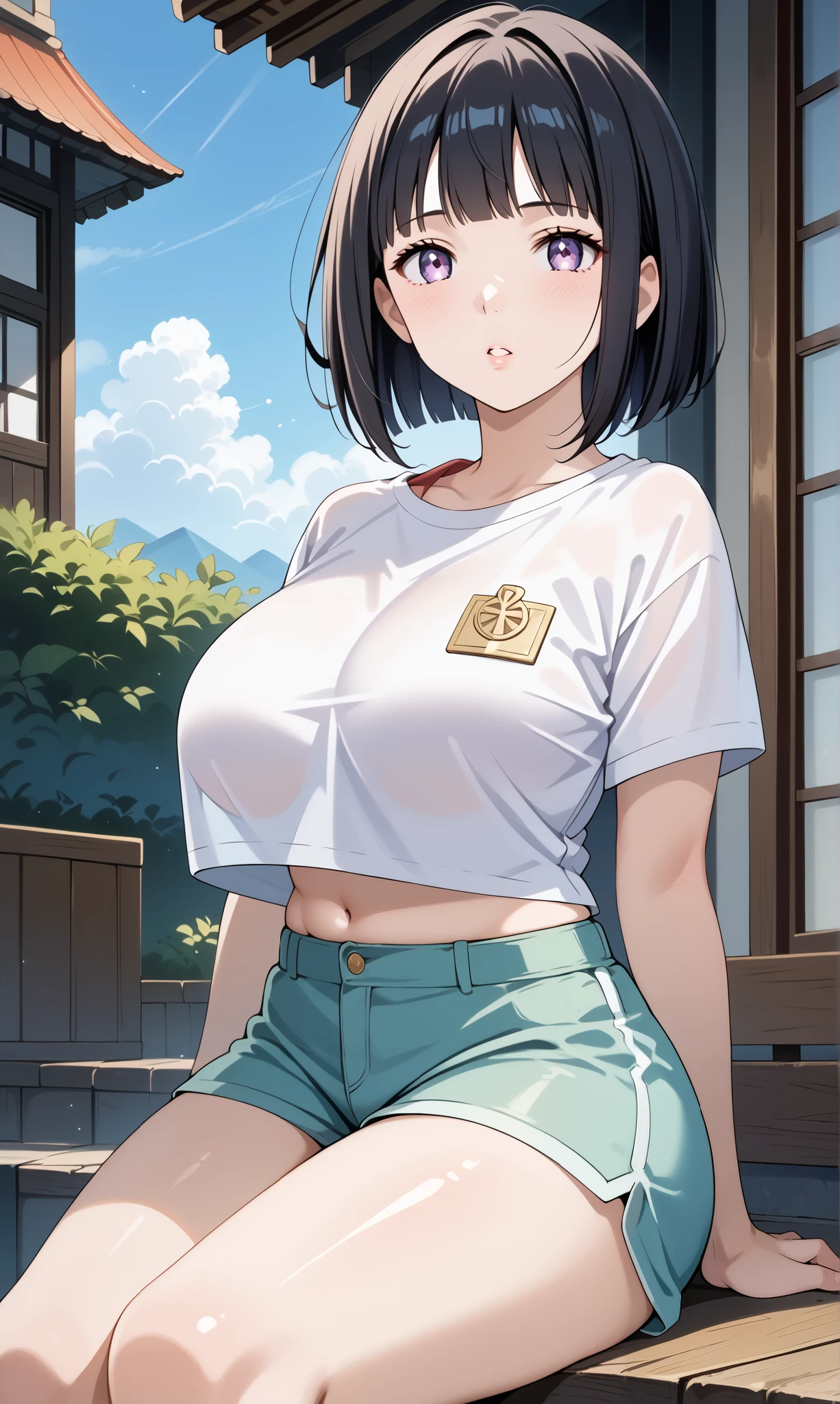 score_9, score_8_up, score_7_up, source_anime, 4K,perfect fingers,(perfect hands, perfect anatomy),prefect lighting, very aesthetic, intricate details,highly detailed background, masterpiece, high quality, best quality,
1girl, hinata_boru, bangs, short hair, black hair, huge breast,dense chest,
Wearing ((shirt, white shirt, short sleeves, shorts, )),,
sitting, outdoors, parted lips, sky, cloud,