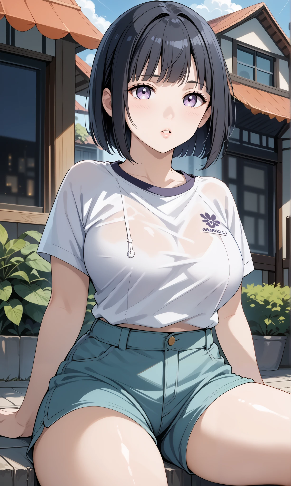 score_9, score_8_up, score_7_up, source_anime, 4K,perfect fingers,(perfect hands, perfect anatomy),prefect lighting, very aesthetic, intricate details,highly detailed background, masterpiece, high quality, best quality,
1girl, hinata_boru, bangs, short hair, black hair, huge breast,dense chest,
Wearing ((shirt, white shirt, short sleeves, shorts, )),,
sitting, outdoors, parted lips, sky, cloud,