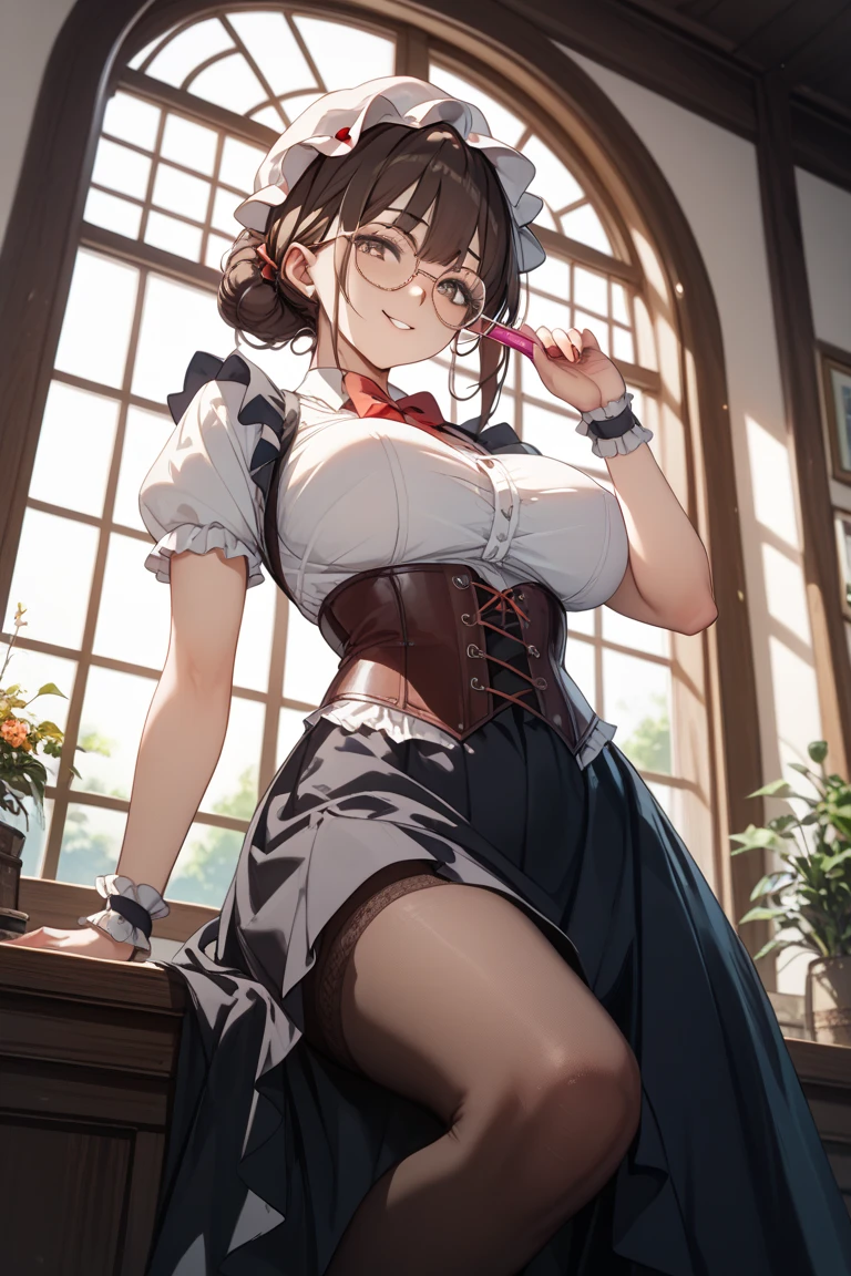 ((Best quality, 8k, Masterpiece :1.3)), Focus: 1.2, Perfect Body Beauty: 1.4, Slim Abs: 1.2, ((Dark Brown, 1.2)), 20 year old girl, tareme, no makeup, blurred background, plane, (flight attendant: 1.1), lush hair, breasts, exposed cleavage
