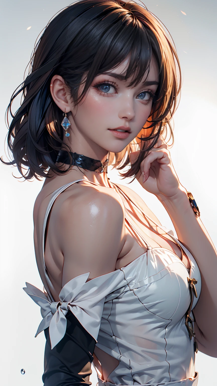 (logo, masterpiece, 8K, Tabletop, RAW Photos, wonderful, 最high quality, Photorealistic and very detailed CG composite 8k wallpaper, high quality, Very detailed, Narrative poem, Particle Effects, Dynamic Effects, Depth of the Boundary, Cinematic Light, Lens flare, Ray Tracing), short hair beautiful young woman, Hair tied back, high detail skin, very fine, fine skin texture, beautiful face, realistic eyes, beautifully detailed eyes, realistic skin, beautiful skin, surreal, smiling eyes, Hair and light eyes, Vibrant, Colorful lights and bokeh. The lighting casts a warm glow on her face and hair, Blue glow, Water surface reflection, Creates a dreamy and magical atmosphere, Big Breasts, Brown Hair, short hair, plump lower lip, pink blush on the cheeks , pink lips, brown tight no-shoulder knit sweater
