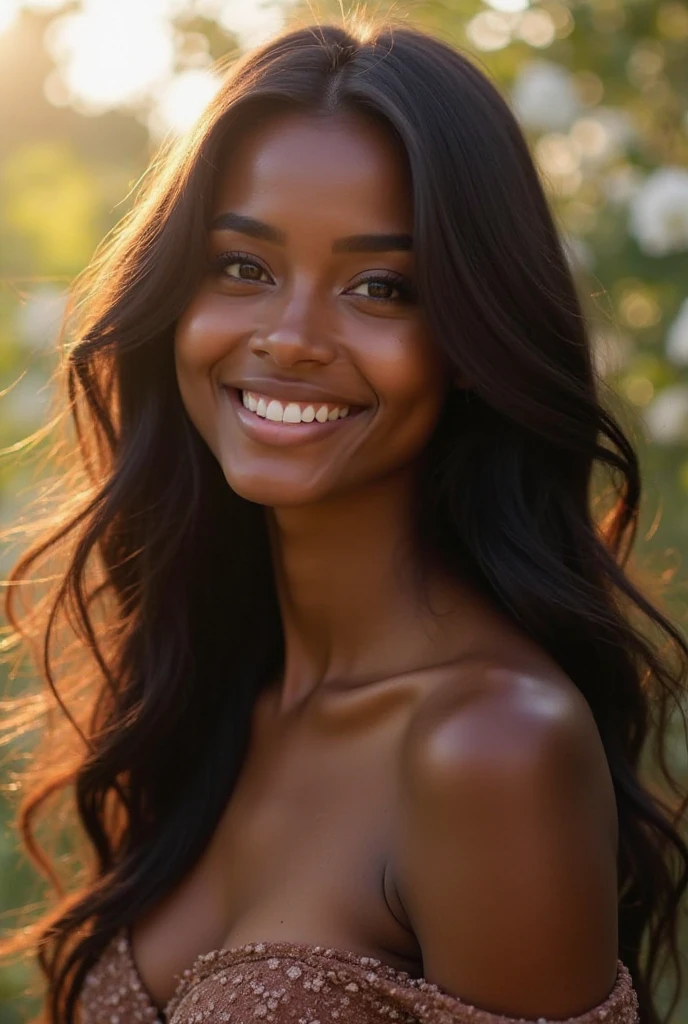 Black woman. Brown skin. Long flowing black hair. Flower styled dress. Smiling. Sitting in a village styled home. Ultra high quality