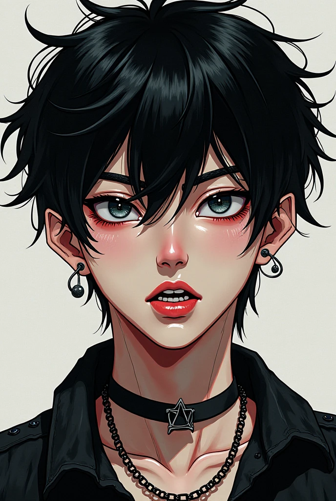 An attractive woman with seductive curves and wearing a black sweater with white stripes. Round glasses over her eyes and long, messy hair. Goth Emo