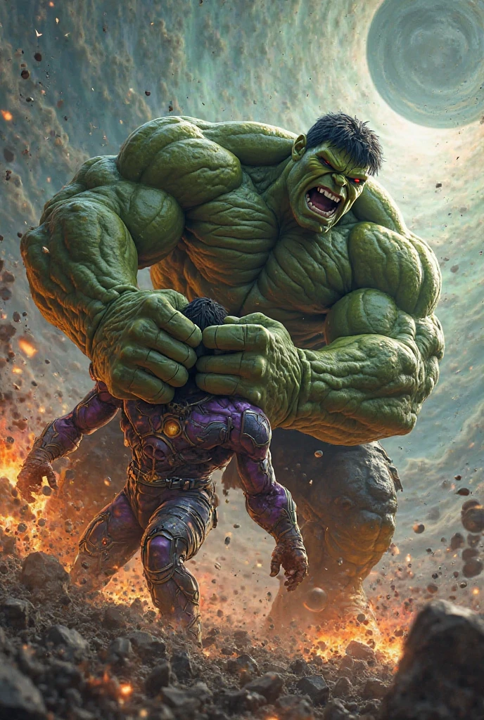 The incredible hulk punches a purple villain who explodes intoslime