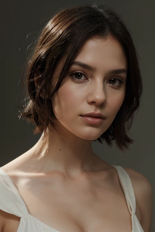 instagram photo, 21yo french woman, short hair, black hair, closeup portrait, naked, cleavage, pale, hard shadows, Emma Watson 
