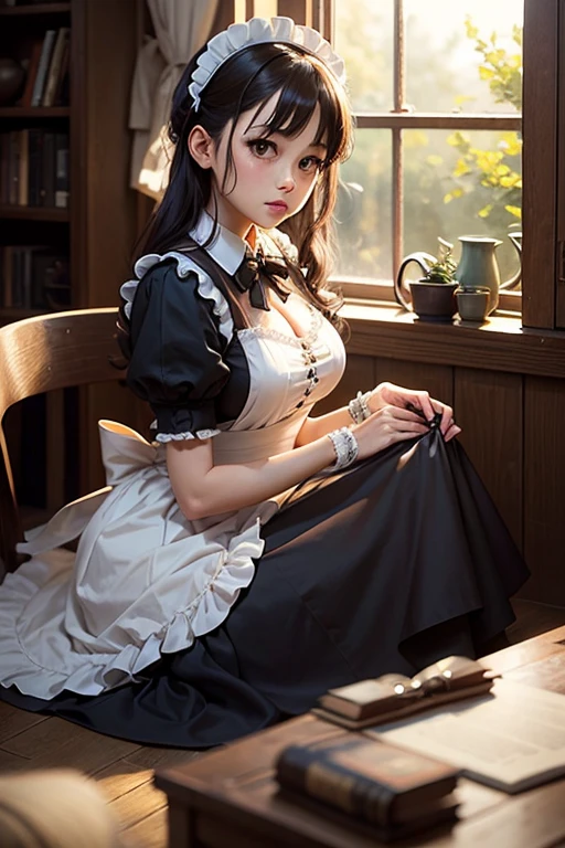 最high quality、high quality、best image quality、8K、最High resolution、High resolution、最high quality、masterpiece、RAW photo、whole photo、realistic atmosphere、(detailed face)、(fine hands、thumb1reference4)、(beauty of japan )、very nice face、beautiful face、((beautiful japanese girl))、(japanese woman), ((18 year old beautiful girl))、(glossy black hair)、(long straight hair)、whole body、(beautiful breasts)、slim style、(shiny skin)、(Fair skin)、realistic human skin、realistic human body structure、perfect body, perfect face, perfect hands, perfect fingers, perfect lips, perfect eyes,perfect teeth、perfect background round, beautiful skin,looking at camera、natural soft light、The shape of the nipple is clearly visible、The shape of the genitals is clearly visible、Interior of a medieval European-style Western-style building、Interior decorated with artwork from the 1690s、 Interior of a 1600s mansion、witch's house bedroom、complex room、classic home interior、((thin transparent metallic(French Maid Clothing))