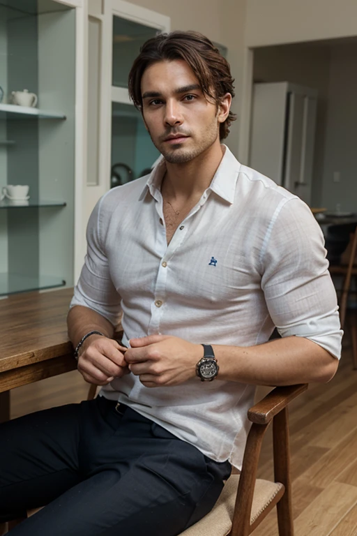 hair, portrait of a ruggedly handsome paladin, muscular, half body, masculine, mature, Retrato de un joven, Muscular very handsome and attractive spanis men, A 40 years old male, Retrato de un joven, Muscular, real, office white outfit, sit in a chair, plaid black shirt