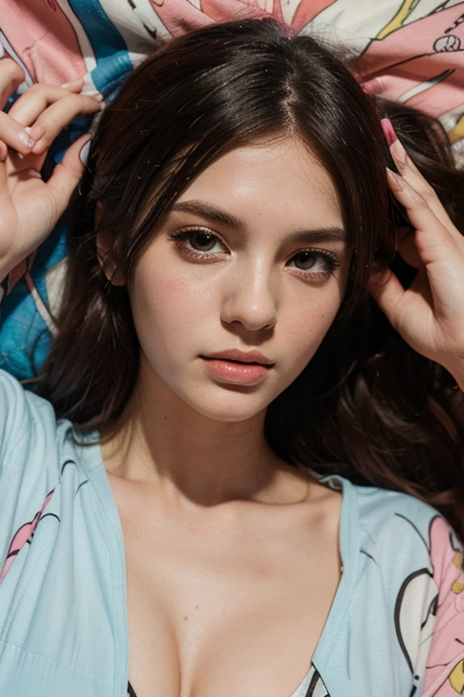 beautiful hot girl named Eliana Cinda. Eliana Cinda is an 18 yo American of Italian origin, hairbun, T-shirt , lying in bed , selfie , front cam selfie,alone , close up face,275078685