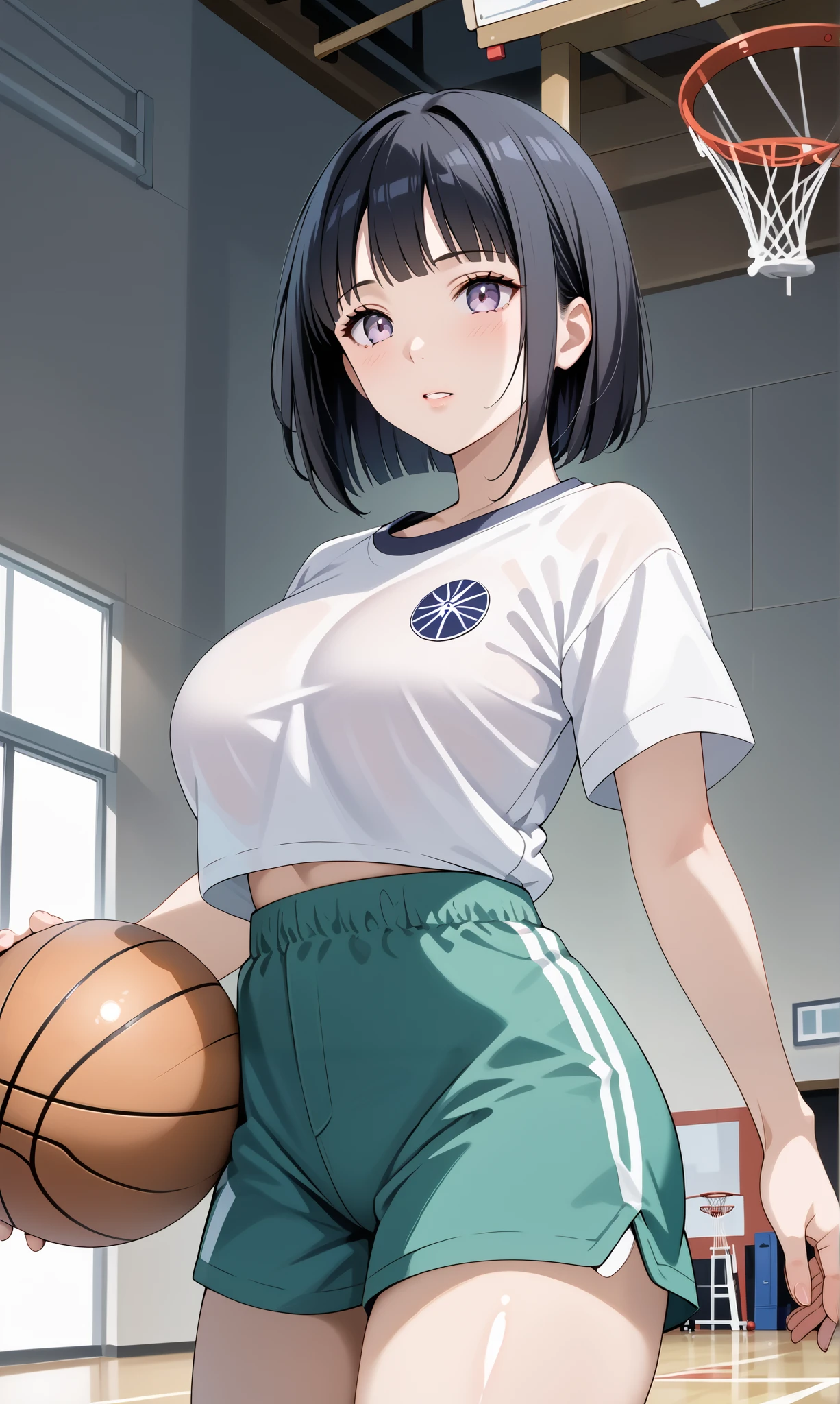 score_9, score_8_up, score_7_up, source_anime, 4K,perfect fingers,(perfect hands, perfect anatomy),prefect lighting, very aesthetic, intricate details,highly detailed background, masterpiece, high quality, best quality,
1girl, hinata_boru, bangs, short hair, black hair, huge breast,dense chest,
Wearing ((shirt, white shirt, short sleeves, shorts, )),,
indoors, in gym, sunset, playing basketball, evening, dynamic Angle, dutch angle,