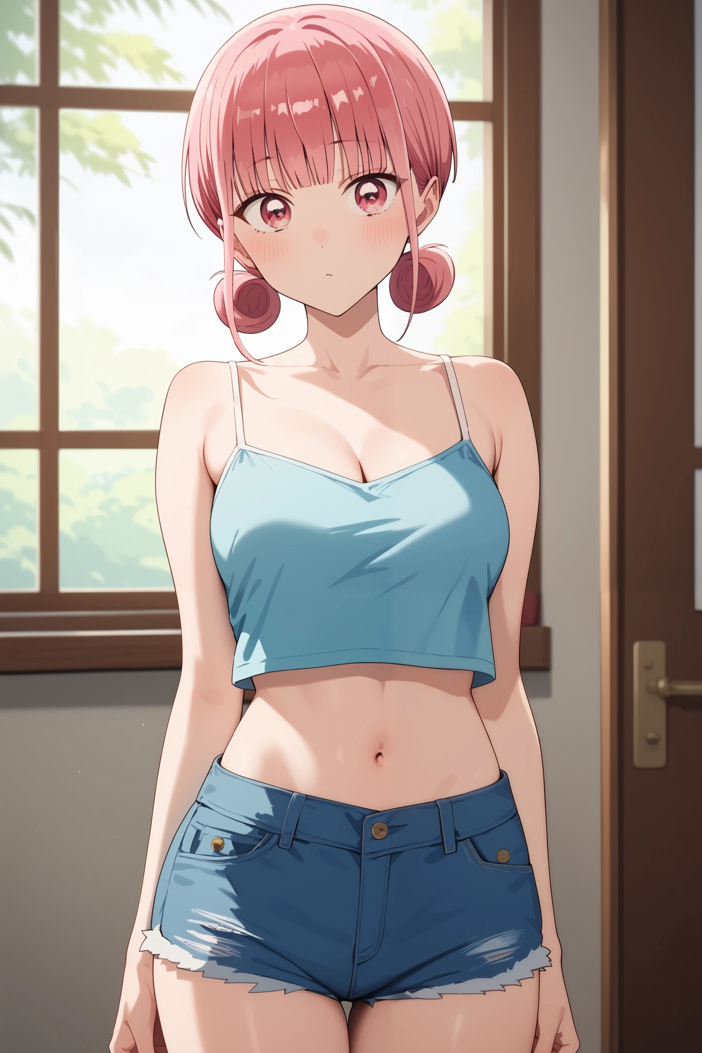 masterpiece,best quality,{{detailed beautiful face and eyes}}, very detailed background,
Hina Chouno,short hair,pink hair,double hair bun,bangs,blunt bangs,sidelocks,pink eyes,medium breasts,
camisole, bare shoulders, cleavage, crop top, cutoffs, denim shorts, midriff, short shorts, spaghetti strap,
1girl,(,big blush)
((standing,cowboy shot,looking at viewer),
(indoors:1.0)