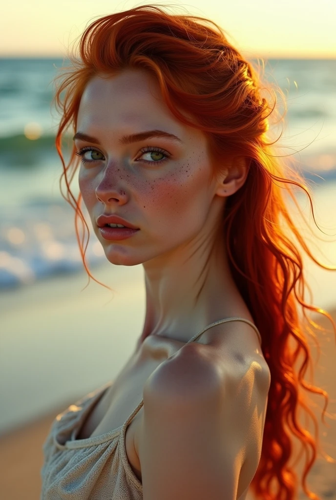 a beautiful girl with long orange hair, very sexy, standing in the water of a tropical beach,nude, stuck in the water, with the sun shining extremely detailed face and body, flawless skin, seductive pose, beach landscape, palm trees, ocean waves, warm and sunny atmosphere, vibrant colors,(best quality, 4k, 8k, high resolution, masterpiece: 1.2), ultra-detailed, (realistic, photorealistic, photorealistic: 1.37), details intricate, vivid colors, sharp focus, professional, Dave McKean artwork, surrealism oil touch, oil painting style, portrait, woman, beautiful detailed eyes, beautiful detailed lips, dreamy atmosphere, shadow play, lighting soft, fun pose, dark tones, ethereal background, fantasy elements, texture, layered composition.