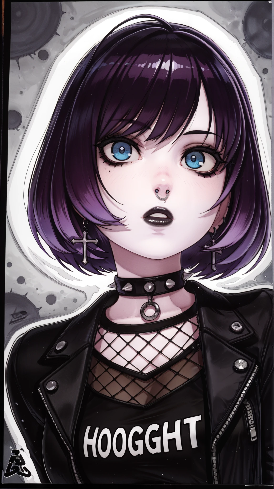 masterpiece, best quality, amazing quality, newest, very aesthetic, 1girl, an intense, evocative portrait from (omar dogan) art-style,Image is a digital illustration featuring an anime-style character with a gothic aesthetic. The character has short, vibrant purple hair and pale skin. Her facial features include striking blue eyes and a small red gem on her forehead. She wears dark lipstick and has a nose piercing. Her attire consists of a black jacket over a fishnet top, with a visible black shirt underneath that has the word 'THOUGHT' in stylized, gothic white lettering. She accessorizes with a spiked choker and a cross earring. The background is a blurred, abstract pattern in shades of gray and white, adding to the moody atmosphere of the image.