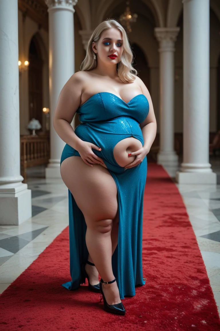 A very fat 16 year old girl at school prom, massive belly, very fat, big boobs, giant butt, chubby arms, wearing a long blue formal dress, long wavy hair, belly very big, bloated belly, full body view, dim lights, flashy lights, dancing, is happy, wearing heals, on dance floor, small nose, facing viewer