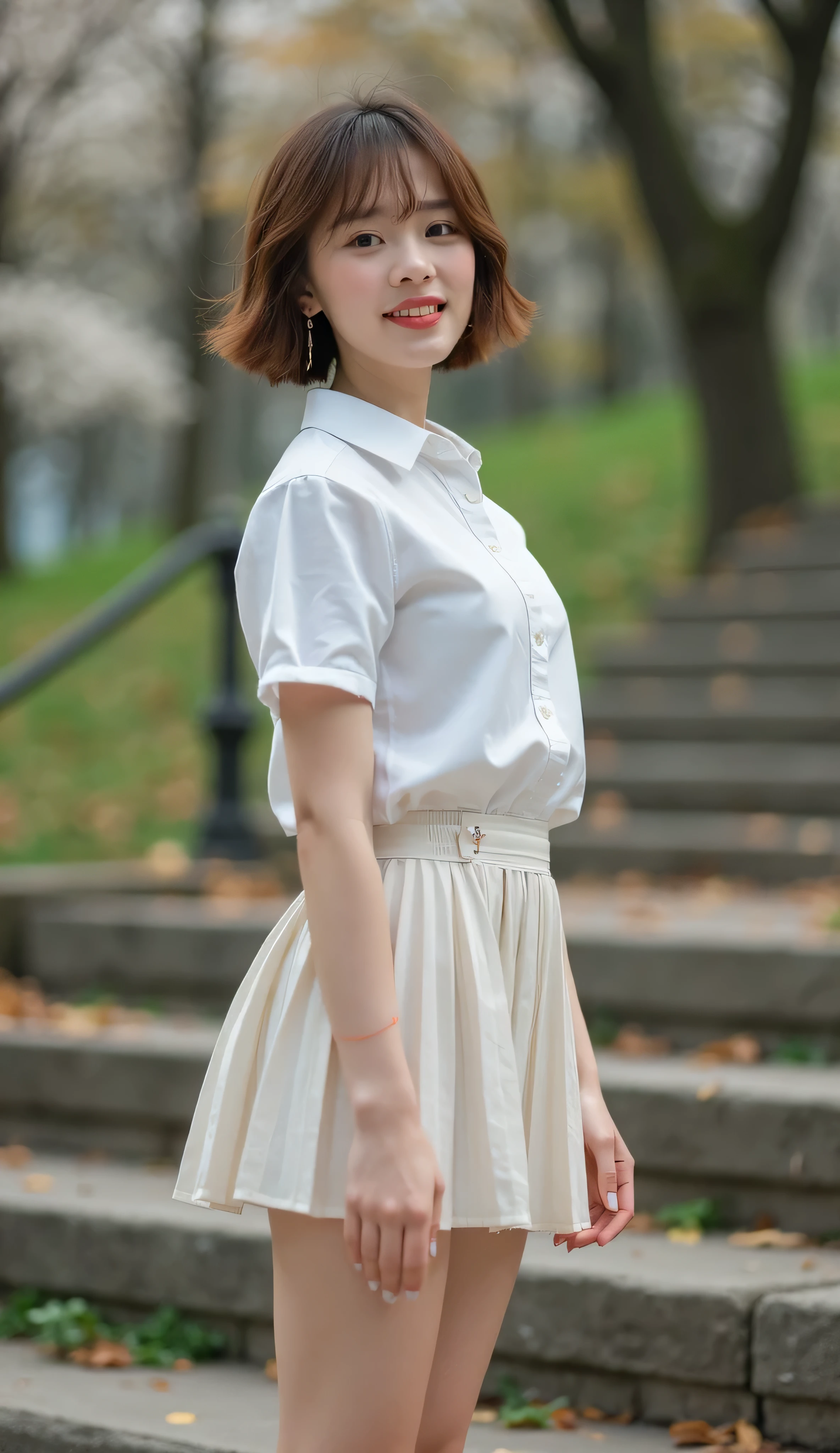 Photo of a Beautiful Korean kpop idol Woman, Summer, Lustful, 80mm, jk uniform, film grain, chromatic aberration, jpeg artifacts, 85mm, cinematic lighting, motion blur,short hair