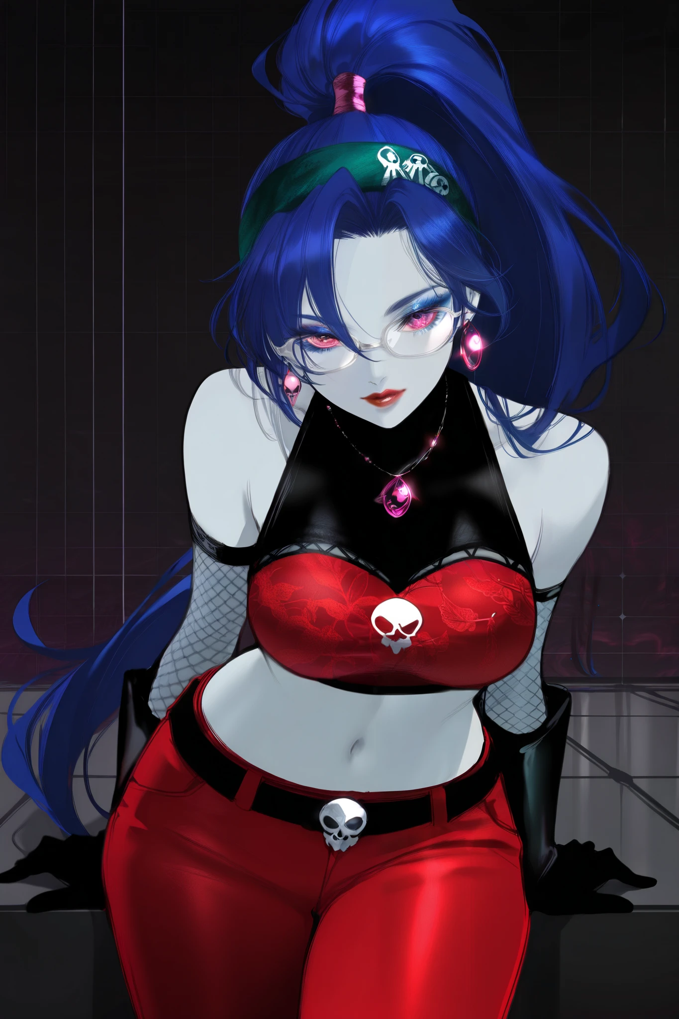 masterpiece, best quality, amazing quality, newest, very aesthetic, 1girl,Image is a digital illustration featuring a stylized character with a distinct, cartoonish appearance. The character has long, vibrant blue hair styled in a high ponytail, with a green headband. Her skin is a grayish tone, and she has exaggerated facial features, including large eyes with blue eyeshadow and red lips. She wears white-framed glasses and has a confident expression. Her outfit includes a red crop top with cherry patterns and a skull motif, paired with red pants. She accessorizes with a necklace featuring a pink pendant, pink earrings, and black fishnet gloves. The background is a dark grid pattern, enhancing the character's bold and colorful design.