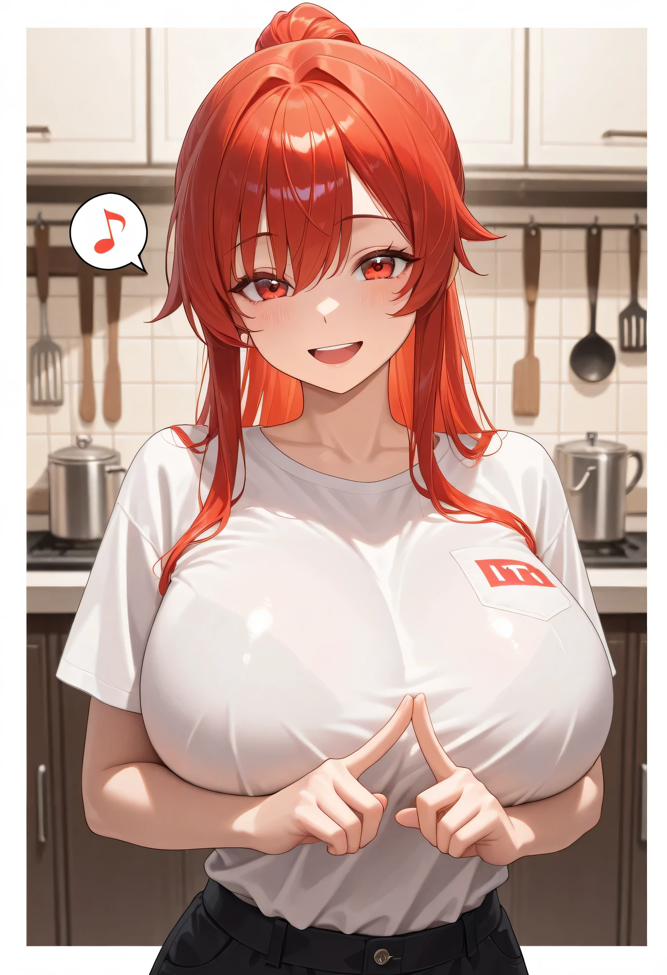 Highest quality、high resolution、(high image quality:1.4)、masterpiece、detailed background、very detailed face、detailed eyes、age beauty、huge breasts、Normal number of fingers、anatomically correct、perfect body line、The girl who makes breakfast in the kitchen while wearing his shirt、The big shirt has a dowel、hour々I'm excited every time the hem swings、「Good morning~」is too cute and laughing innocently, but it's also a little sexy, so it's great、cute