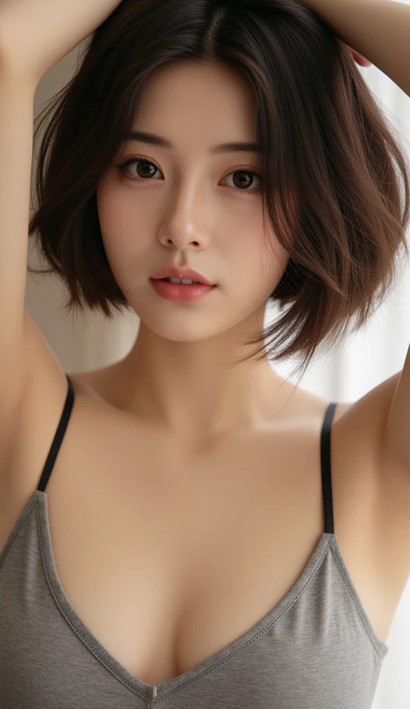 Best quality, masterpiece, ultra high res, (photorealistic:1.5), raw photo, 1girl, offshoulder, in the dark, deep shadow, low key, cold light, sexy look, short hair,nude ,show tits , mouth open with smile of joy,half body pov, background bedroom,window behind ,nighttime at window and see city light