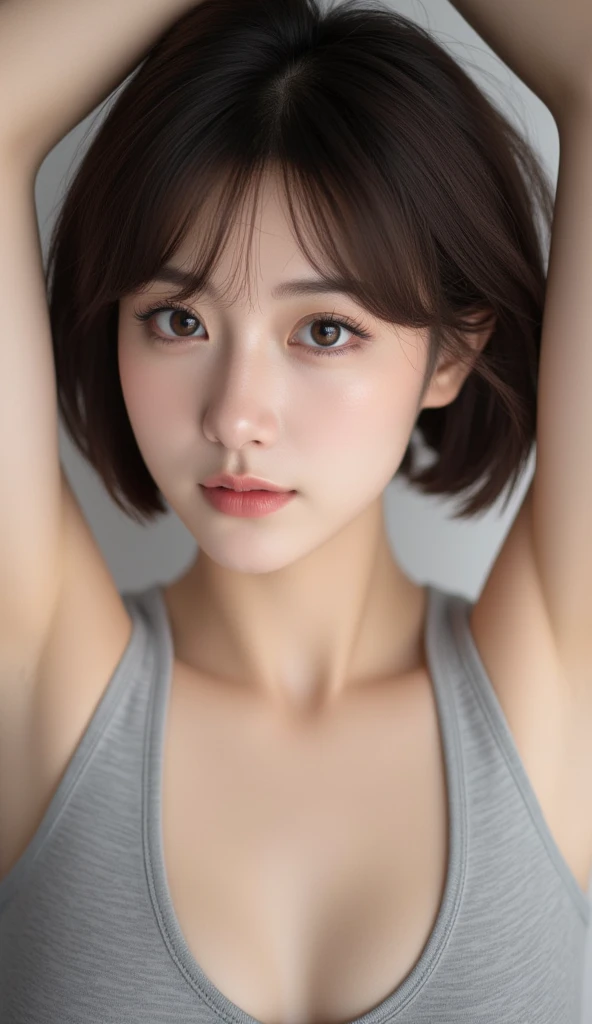 ((The highest image quality, 8K, tmasterpiece:1.3)), 1girll, Beautiful woman with slender abs:1.3, (casual hairstyle, Leaky Big Breasts:1.2), Low Cut Bra,Oversized,Ultra-fine face, A detailed eye, 二重まぶた,ssmile,Home,The figure is very bad,tiny small waist,Super big breasts,close-up,Close-up chest,White-skinned,The background is casual,Close-up shot shots