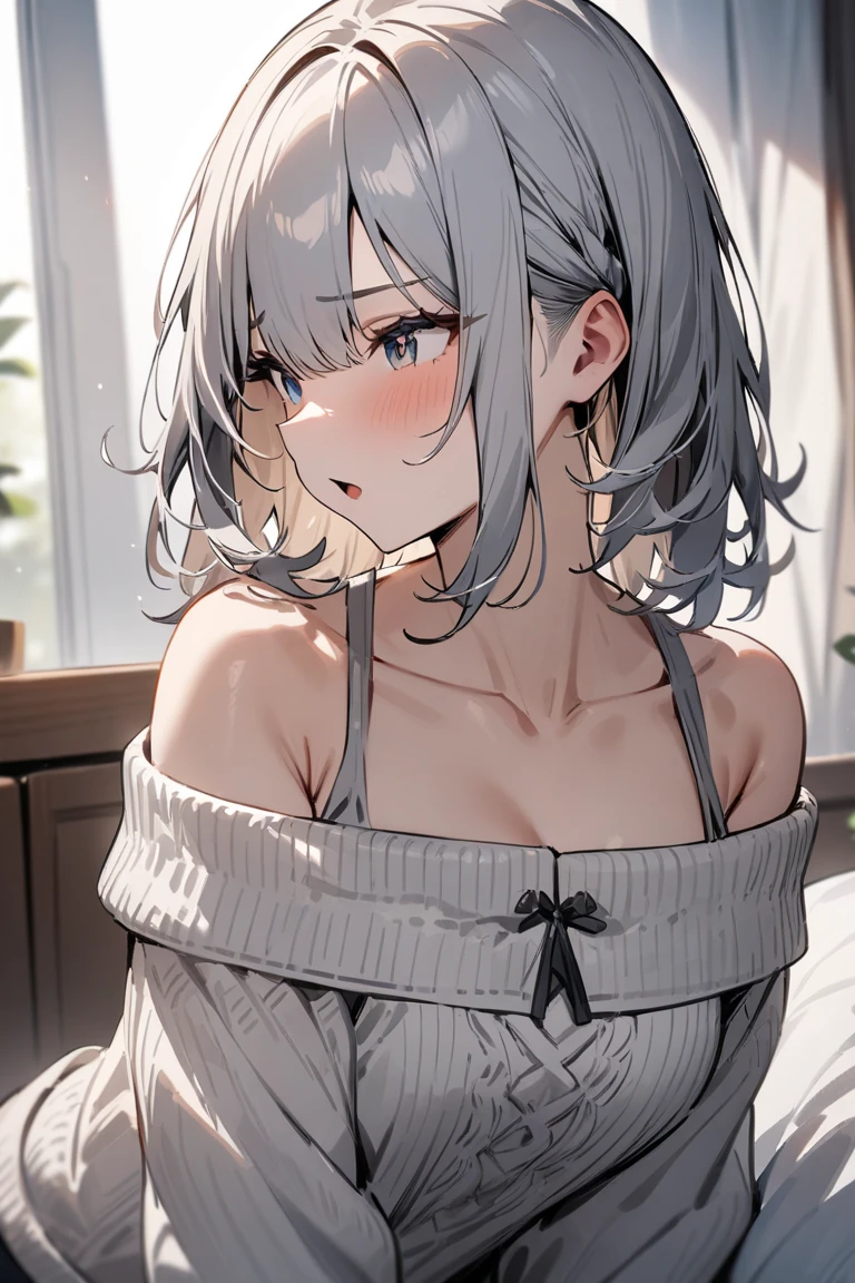 1 girl,White hair,light hair,White eyes,medium hair,Messy hair,bare breasts,masterpiece,best quality,very aesthetic,absurdres,