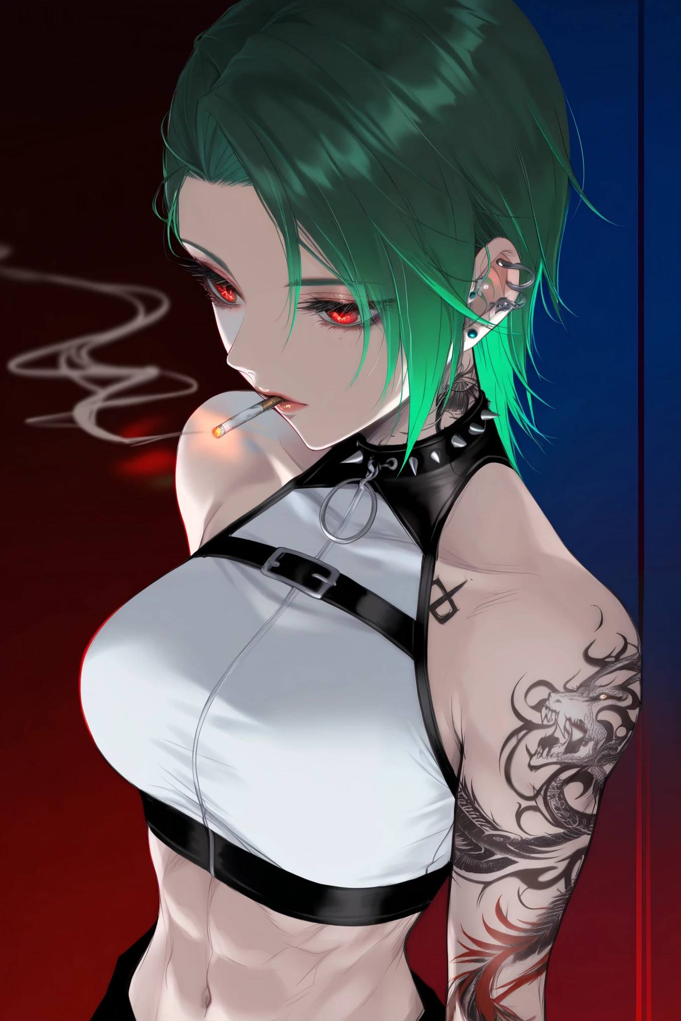 masterpiece, best quality, amazing quality, newest, very aesthetic, 1girl,Image is a digital illustration featuring a stylized portrait of a woman with a punk aesthetic. She has short, vibrant green hair with a shaved side, and her skin is pale. Her facial features are sharp and defined, with a focused expression as she smokes a cigarette. The woman is adorned with multiple tattoos, including a prominent '13' on her arm and various designs on her neck and shoulders. She wears a white, sleeveless crop top, revealing her tattoos and toned physique. The background is a gradient of dark red and blue, adding depth to the composition. The overall style is bold and dynamic, with a mix of realism and artistic exaggeration, capturing a rebellious and edgy vibe.