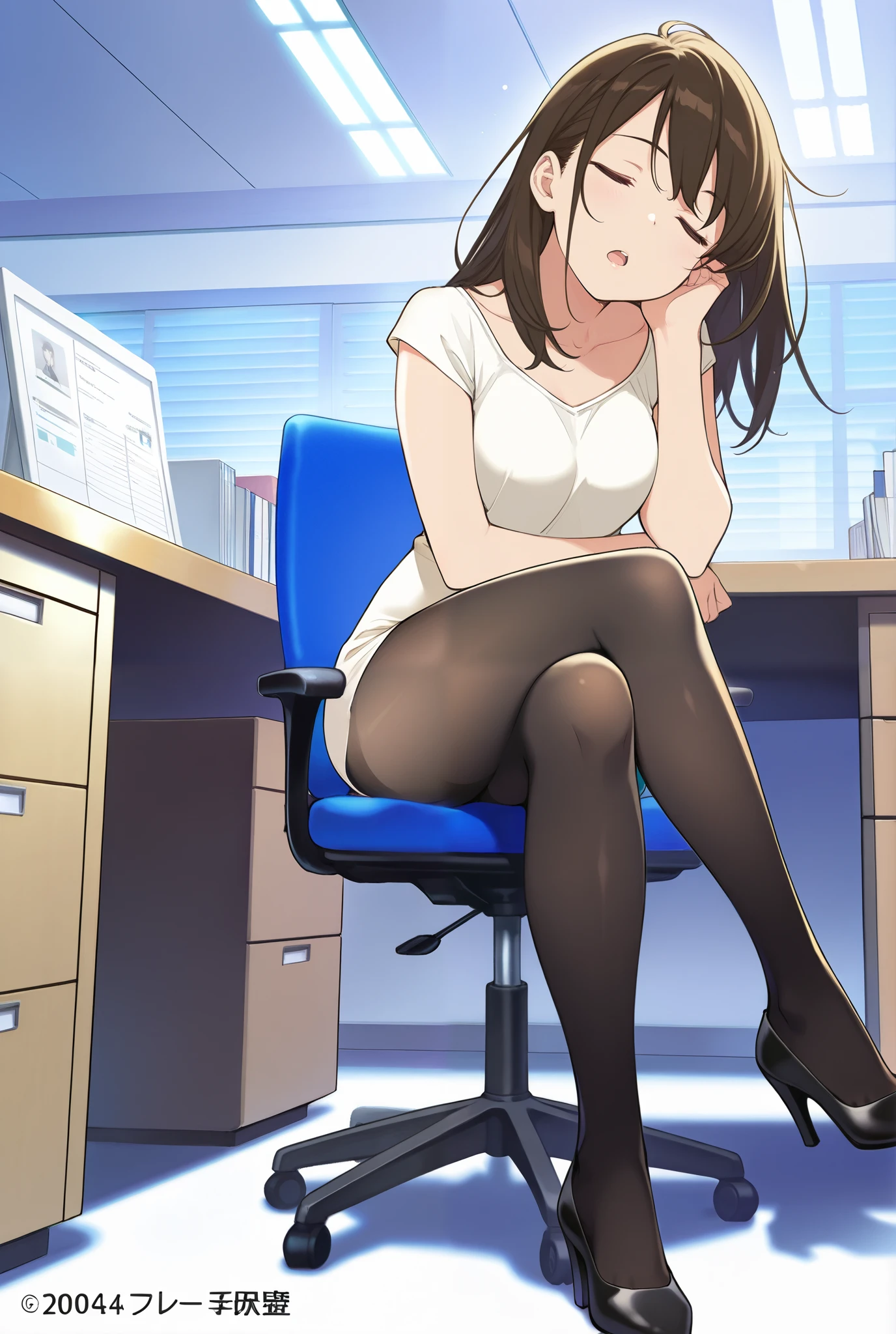masterpiece, best quality, 1girl, {sleeping:3.0}, {tights:4.0}, {closed eyes:3.0}, black legwear, open mouth,official art, head tilt, high heels, official art, anime, office, sitting, crossed legs