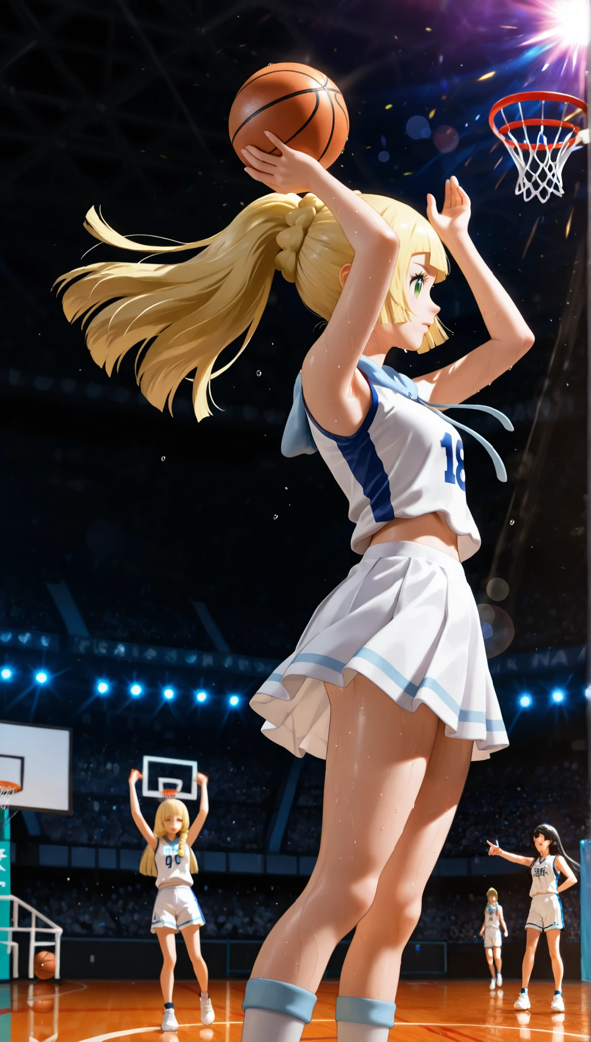 Lillie, Pokémon, illustration, dramatic lighting , Masterpiece , better quality , ultra-detailed , photorealistic representation of a basketball game on a basketball court . many girls panic in the background, a girl who sinks into the basketball ring, dramatic action photo , Neon lights, lens flare . colorful lighting , the stage is very bright and colorful, sweaty, nba, 3/4 bodies. ( super sharp focus ), (death, in the basketball ring in front of her), (holding a ball with one hand), bursts of colors,(the girl jumps in the air to score a dump shot, about to hit the ball), (side view)