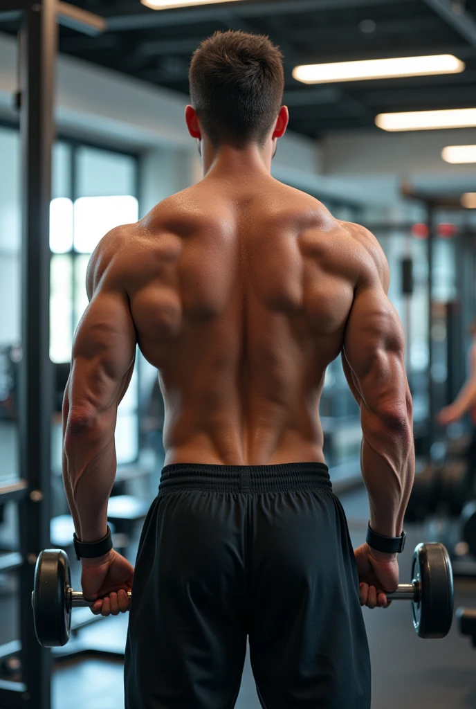a lean skinny 18-year old shirtless caucasian boy wearing white shorts, undercut black hair, tanned skin, drenched with sweat, sweating profusely, hands above head, showing the back, viewing the back, flexing back muscles, in the gym