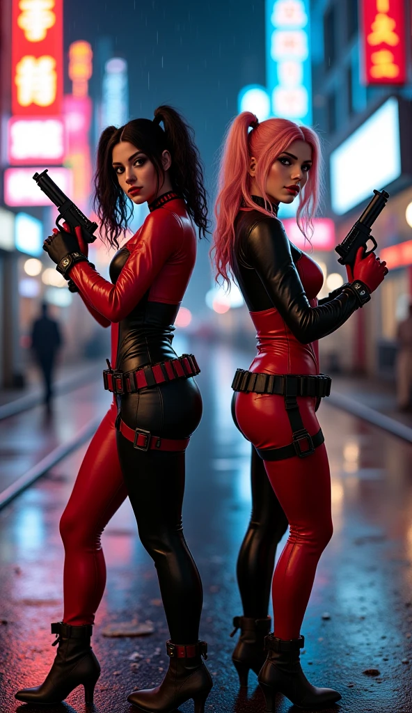 beautiful twin sisters red hair green big eyes, wearing very tight cyberpunk outfit standing next to each other, full body shot