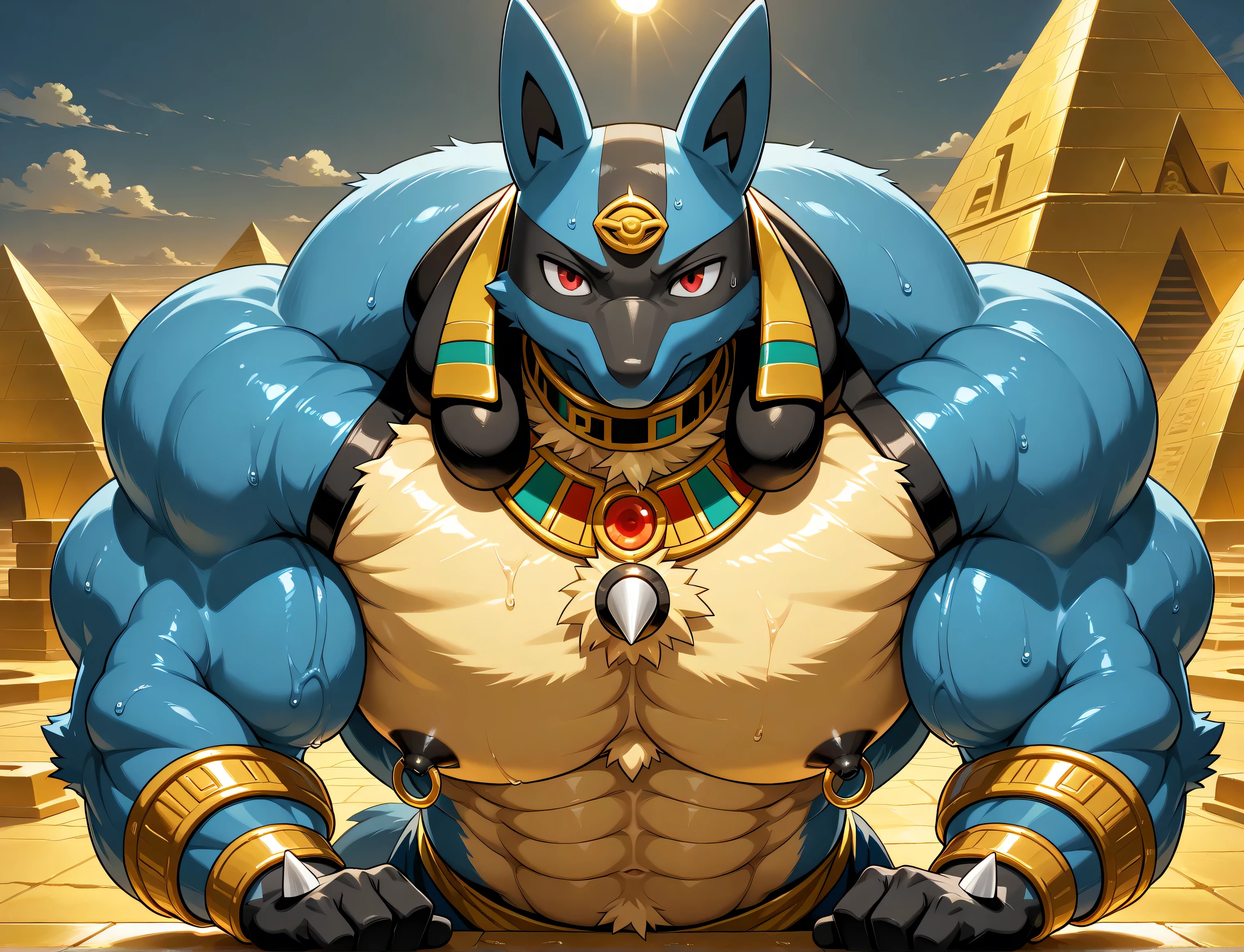 detailed background, very low view, pyramids, leaning forward on viewer, close up, solo, score_9_up,score_8_up,score_7_up,score_6_up,score_5_up,score_4_up, BREAK kemono, bara, furry, 1boy, anthro, Lucario, Blue Fur, Chest Spike, Red Eyes, yellow chest fur with thicker patches on the collar, Spike on Hands, Two tone fur, Egyptian necklace, jewelry, huge muscular, huge arms, macro, broad shoulders, male, black collar on neck, tail, male, posing, bedroom eyes, stoic, sweaty, looking at viewer, huge black nipples, huge gold nipple rings, looking at viewer, upper body shot