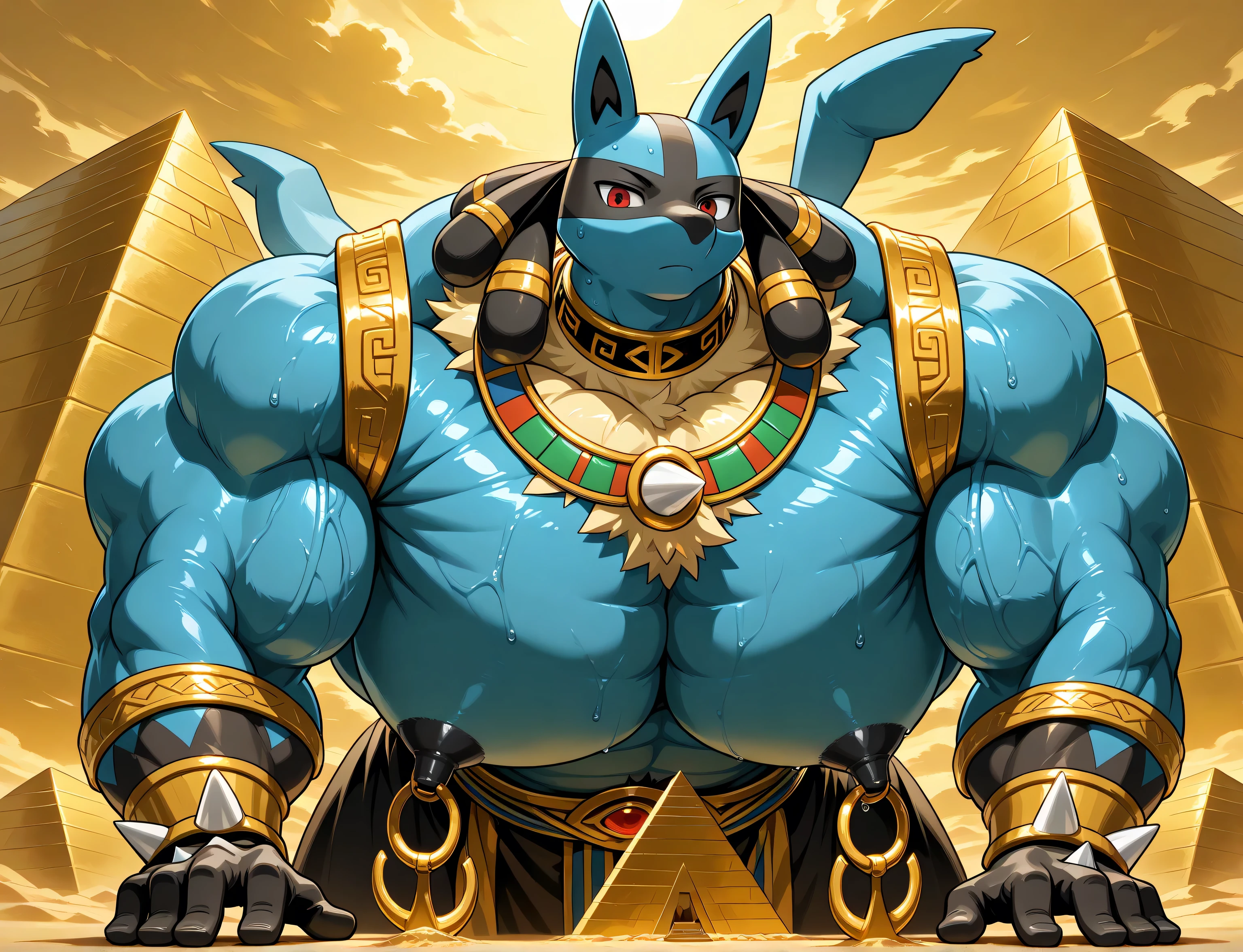 detailed background, very low view, pyramids, leaning forward on viewer, close up, solo, score_9_up,score_8_up,score_7_up,score_6_up,score_5_up,score_4_up, BREAK kemono, bara, furry, 1boy, anthro, Lucario, Blue Fur, Chest Spike, Red Eyes, yellow chest fur with thicker patches on the collar, Spike on Hands, Two tone fur, Egyptian necklace, jewelry, huge muscular, huge arms, macro, broad shoulders, male, black collar on neck, tail, male, posing, bedroom eyes, stoic, sweaty, looking at viewer, huge black nipples, huge gold nipple rings, looking at viewer, upper body shot