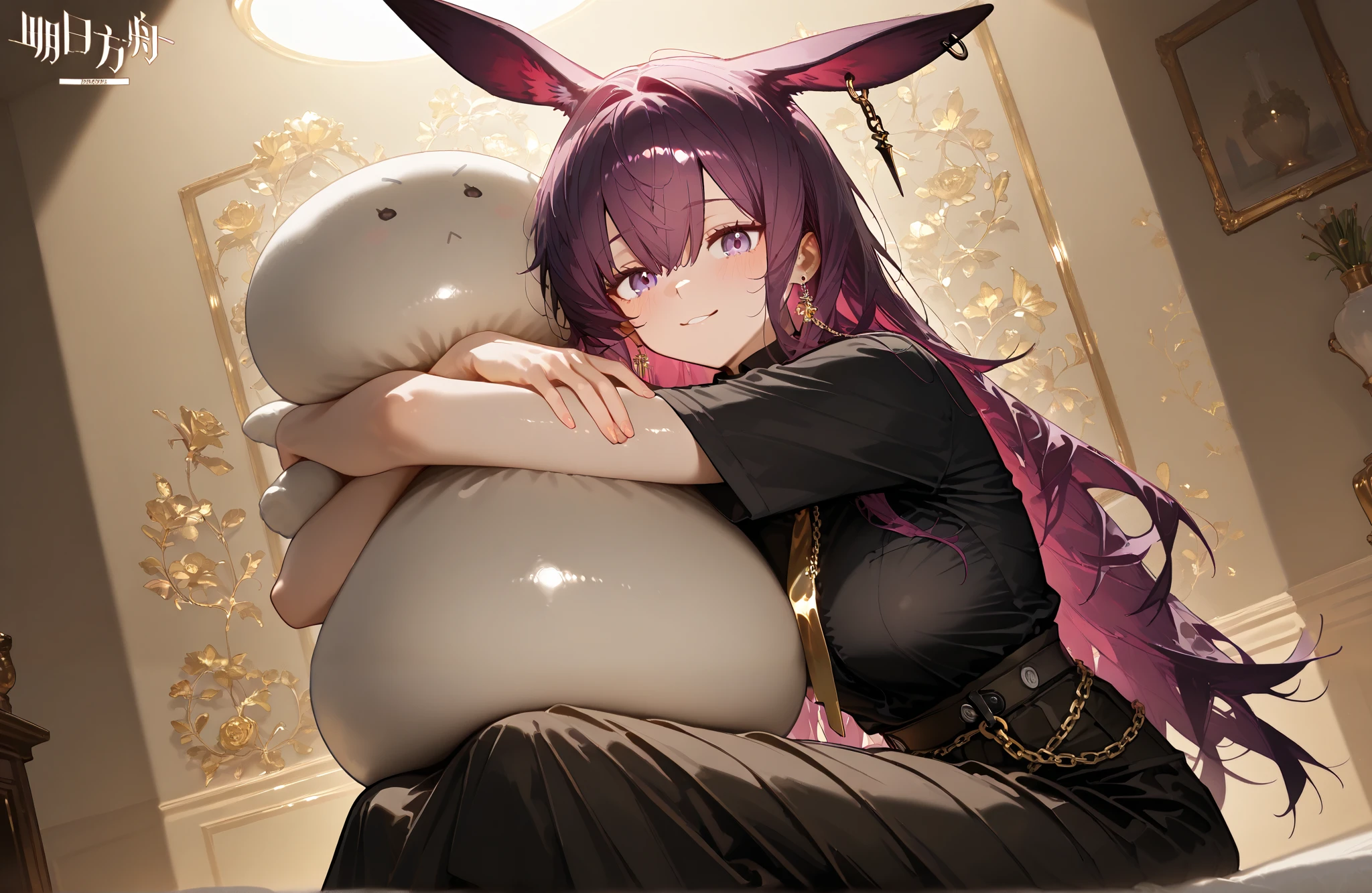 ((solo)),((alone)),,1female,chair hugging me,((The entrance to the skyscraper))),Beautiful light,,,((((black shirt,Gold tie,,,Black Long Skirt,chain accessory)))),Stylish pose。Side angle,((model pose)),,,((smile)),,,,,,((Ray)),((Ray_\(arknights\))),Ray_\(arknights\),
Purple hair, long hair, purple eyes, rabbit ears BREAK,,,,,,,,,((tall and well-trained body))),,(((earring))),,,,, ,,photorealistic background, best quality, great quality, very beautiful, (masterpiece, best quality, employment:1.1), (like the movie, ambient occlusion :1.3),(illustration for both eyes:1.1),(Perfect Details:1.1), (8k yen, wallpaper,masterpiece,high resolution,top quality,top quality real texture Skin, Surreal,), (increase resolution, rаw photo ,,very well detailed,wallpaper,like the movie lighting,ray tracing getting creampied,golden ratio\),