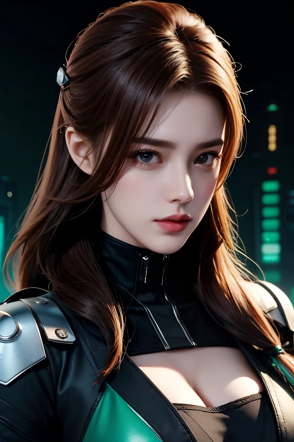 tmasterpiece,best quality,high resolution,8k,(image like),((Close-up shot)),(Original photo), real photos,Digital photography,(Women in Cyberpunk Style Uniforms:1.2),(Professional ladies),20-Year-Old Girl,Random Hairstyle,Red Hair Gradient Green),Serious and obsessive,cleavage, accessories ,Red lipstick,keeps lips looking polite and charming, serious and arrogant, calm and handsome ,(Women's Sci-fi Workwear),Pose for a photo,Realisticstyle,gray world background,Best Quality Reflective Surface Display