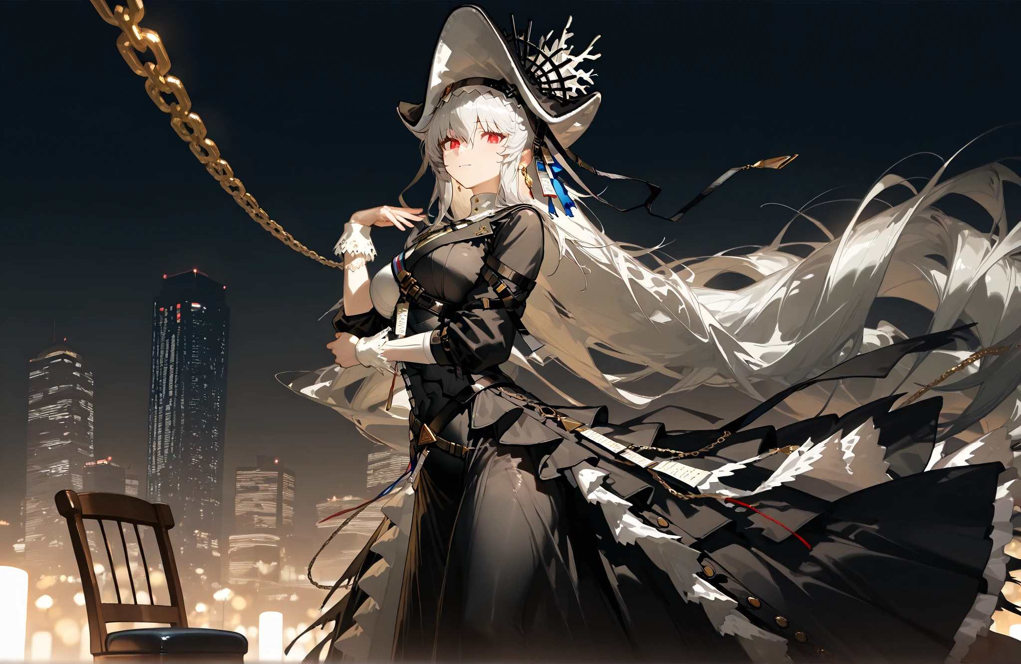 ((solo)),((alone)),,1female,chair hugging me,((The entrance to the skyscraper))),Beautiful light,,,((((black shirt,Gold tie,,,Black Long Skirt,chain accessory)))),Stylish pose。Side angle,((model pose)),,,((smile)),,,,,,((Specter the Unchained)),((Specter the Unchained_\(arknights\))), Specter the Unchained_\(arknights\)。
Gray Hair,longhair,red eyes,,,,,,,,,((tall and well-trained body))),,(((earring))),,,,, ,,photorealistic background, best quality, great quality, very beautiful, (masterpiece, best quality, employment:1.1), (like the movie, ambient occlusion :1.3),(illustration for both eyes:1.1),(Perfect Details:1.1), (8k yen, wallpaper,masterpiece,high resolution,top quality,top quality real texture Skin, Surreal,), (increase resolution, rаw photo ,,very well detailed,wallpaper,like the movie lighting,ray tracing getting creampied,golden ratio\),