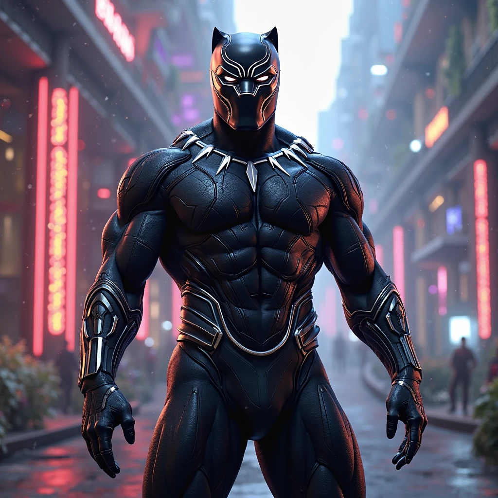 (Ultra realistic:1.2), rendition of *Black Panther* stands with unparalleled pride. His (muscular form:1.1) exudes strength, and the (vibranium suit's intricate details:1.1) are meticulously recreated. The (intense eyes:1.1) reflect his regal determination, and his (technological claws:1.1) glisten with readiness. Against a backdrop of *Wakanda's advanced cityscape*, this image captures *Black Panther's majestic presence* in the most *realistic detail:1.1*. Marvel's iconic hero stands ready to defend his kingdom.