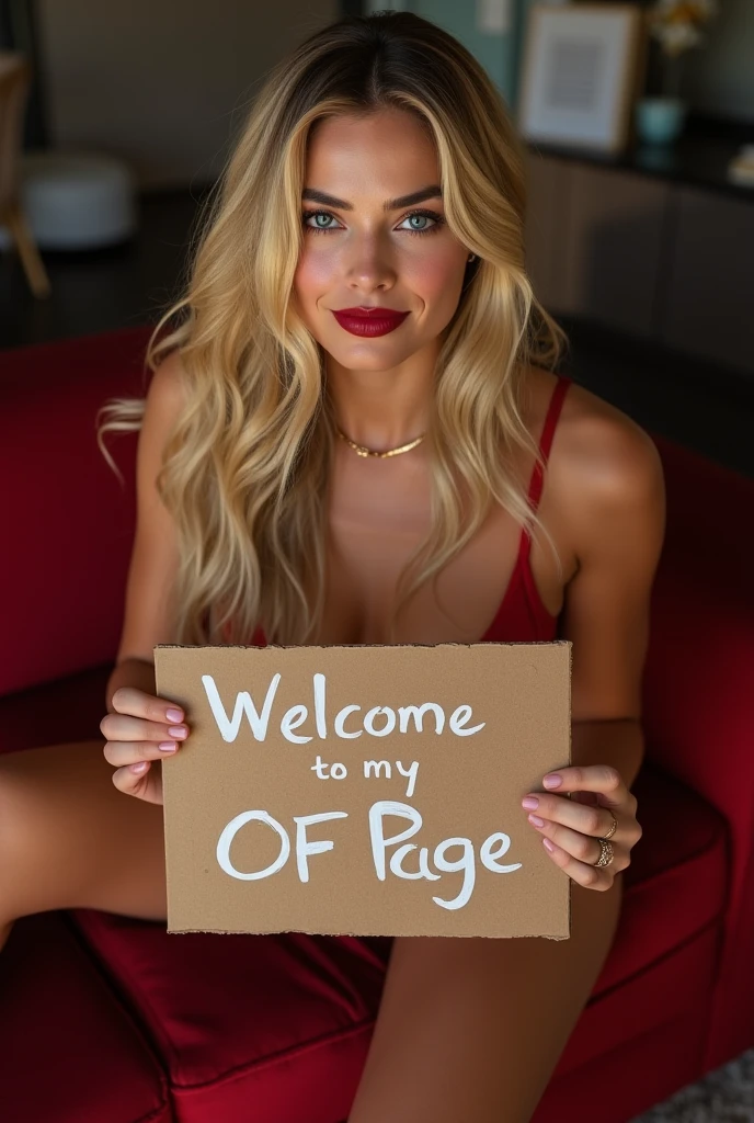 gorgeous blond, medium breasts, sitting naked on a bed, holding up a white sign covering most of her breasts with both hands. ultrarealistic photography