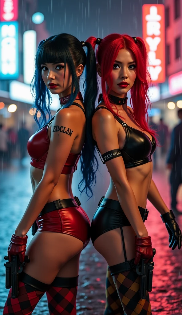 (complex two subjects) best quality,4k,8k,highres,masterpiece:1.2),ultra-detailed,(realistic,photorealistic,photo-realistic:1.37),Sofía Vergara as the sexy Joker. With her alluring charm, she embodies the mischievousness and playfulness of the character. Her eyes captivate with their mesmerizing gaze, drawing you into her world. Her detailed lips, slightly parted in a seductive smile, add to her allure. Kelly Hu takes on the role of Harley Quinn, exuding a distinct sense of craziness and mischief. She flirts with danger and steals the spotlight with her flirtatious expressions and exaggerated gestures. Her vibrant makeup and colorful hair reflect the colorful chaos that surrounds her. The scene is set in the immersive world of Gotham City, with its dark and brooding atmosphere. The city skyline, illuminated by the neon lights of the Joker's antics, creates a haunting backdrop. Both characters are armed with Joker weapons, showcasing their dangerous and unpredictable nature. Sofía Vergara wields an intricately designed weapon, showcasing her power and control. Kelly Hu's weapon complements her wild and unpredictable personality, adding an extra touch of chaos to the scene. The artwork is created in a medium that combines the vividness of illustrations and the richness of oil paintings. With every brushstroke and detail, the image comes to life, evoking the essence of these iconic characters and their unique personalities. The color palette leans towards vibrant and bold hues, reflecting the flamboyant and larger-than-life personalities of the characters. The lighting is dramatic, casting shadows and highlighting the characters' features, adding depth and intensity to the scene. The resulting image is a high-quality masterpiece that captures the essence of these two iconic characters, bringing them to life in a visually stunning and immersive way.
