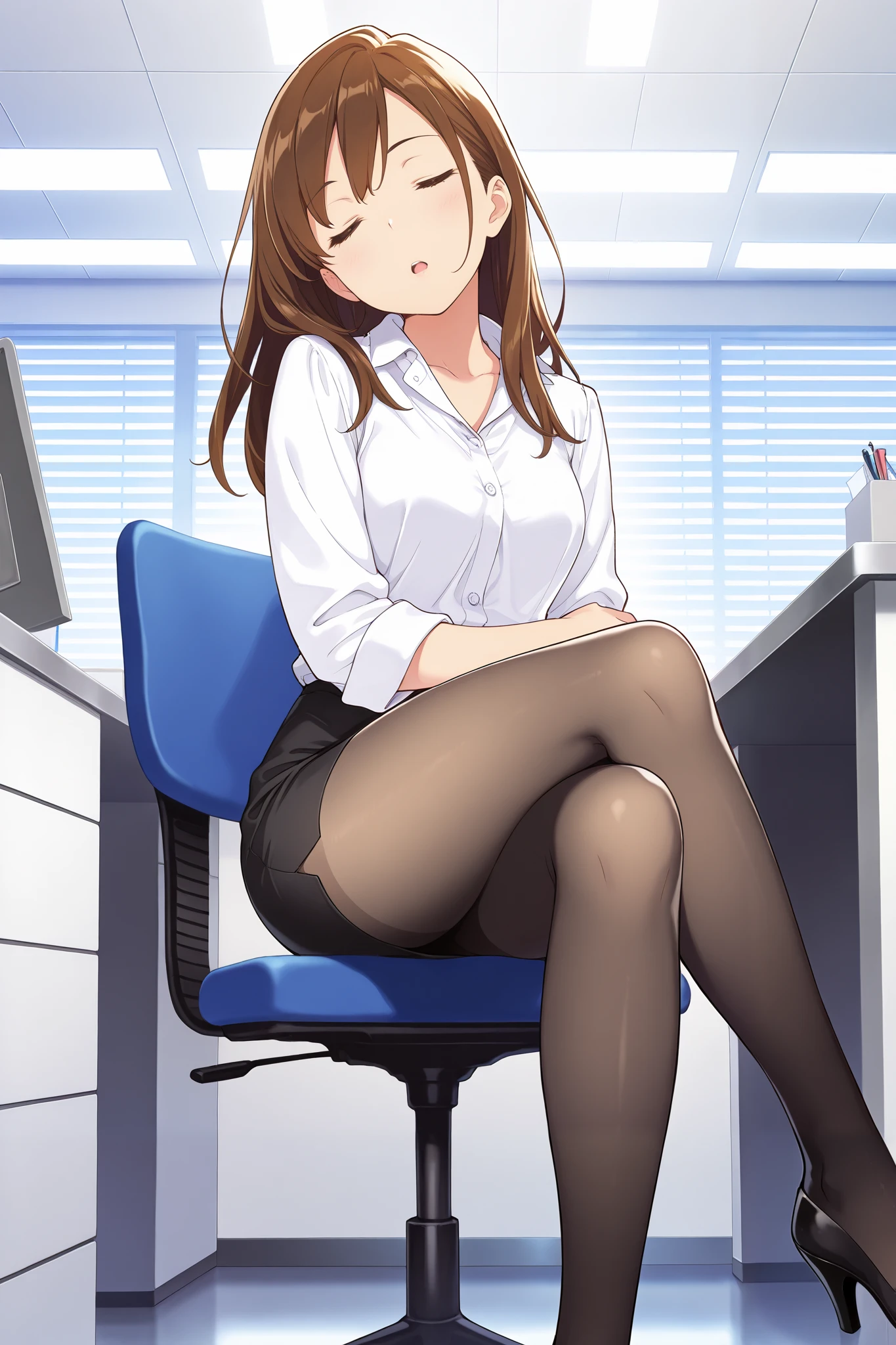 masterpiece, best quality, 1girl, {sleeping:3.0}, {tights:4.0}, {closed eyes:3.0}, long hair, brown hair, pencil skirt, dress shirt, black legwear, open mouth,official art, head tilt, high heels, official art, anime, office, sitting, crossed legs, dark legwear