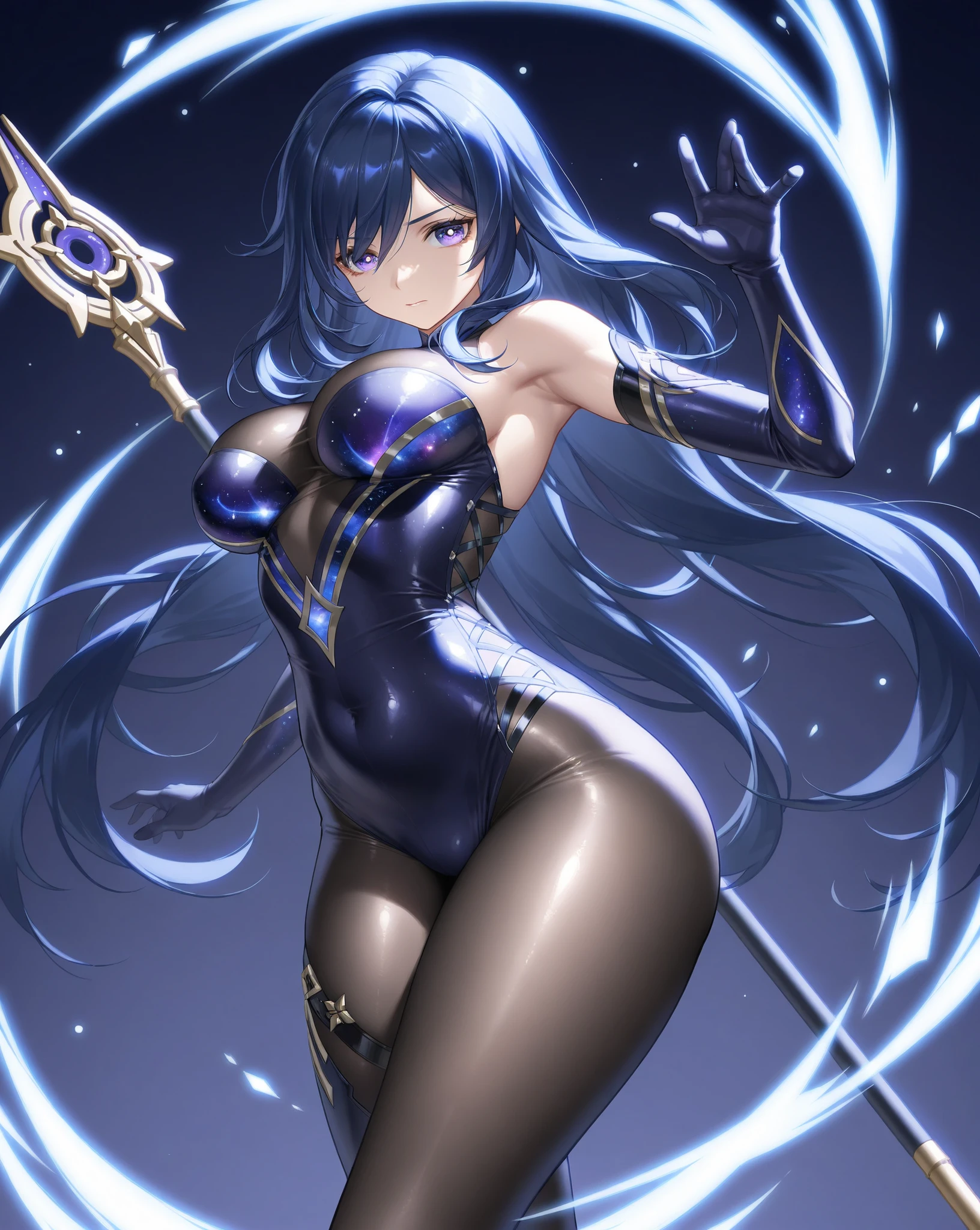 1girl, blue hair, large breasts, bunny ears, rabbit ears, wide hips, bodysuit, black bodysuit, long hair, science-fiction, tech, futuristic, machinery, full body, ((full body)), purple eyes, shoes, light smile, happy, shoes
