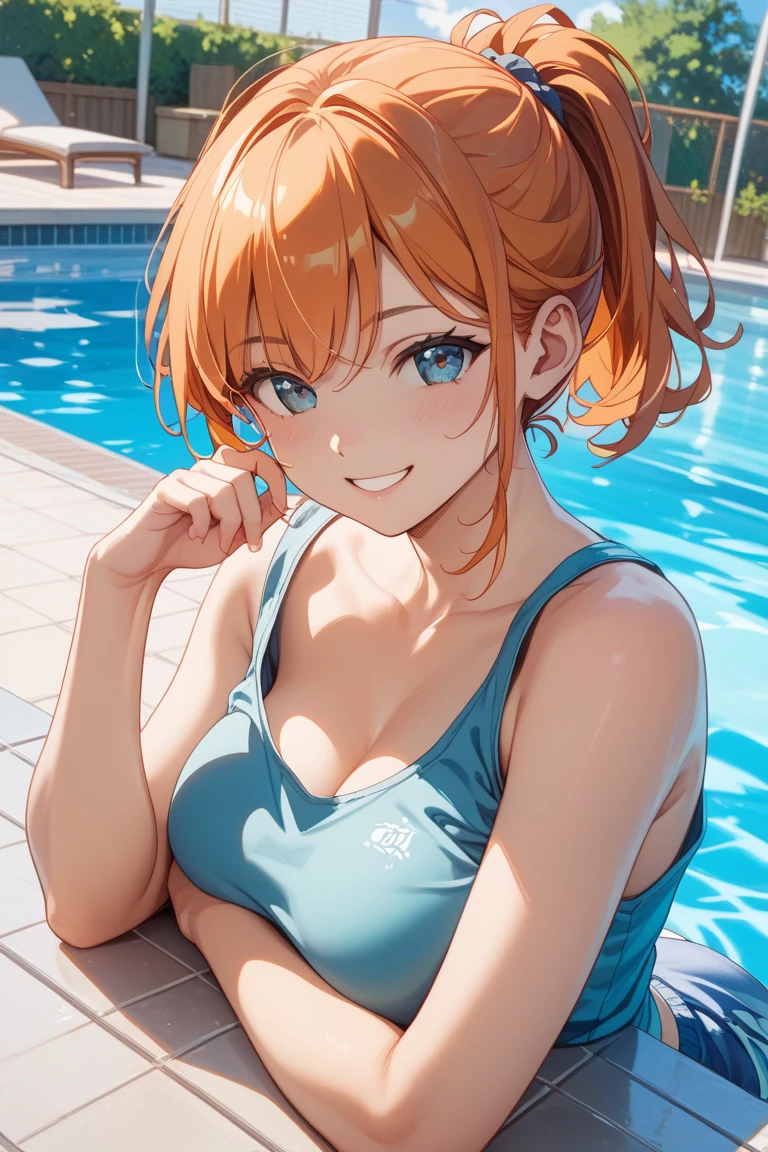 (top-quality: 1.3), (masterpiece: 1.3), (The ultra-detailliert: 1.3), (wall-paper, one girls), (Perfect beautiful navy blue school swimsuit:1.3)、(orange color hair:1.3)、short-hair、(Beautiful Large Breasts:1.3)、fullllbody、Citizen Pool、Outdoor pool、(Hair is wet:1.3) 、(The body is dripping wet:1.2)、ssmile、sexypose、Dancing