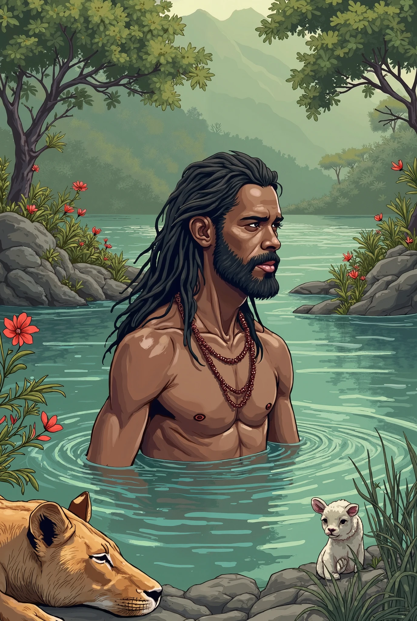 One bramahan young age men with kess beard and long hair bath in the river in the middle of the forest