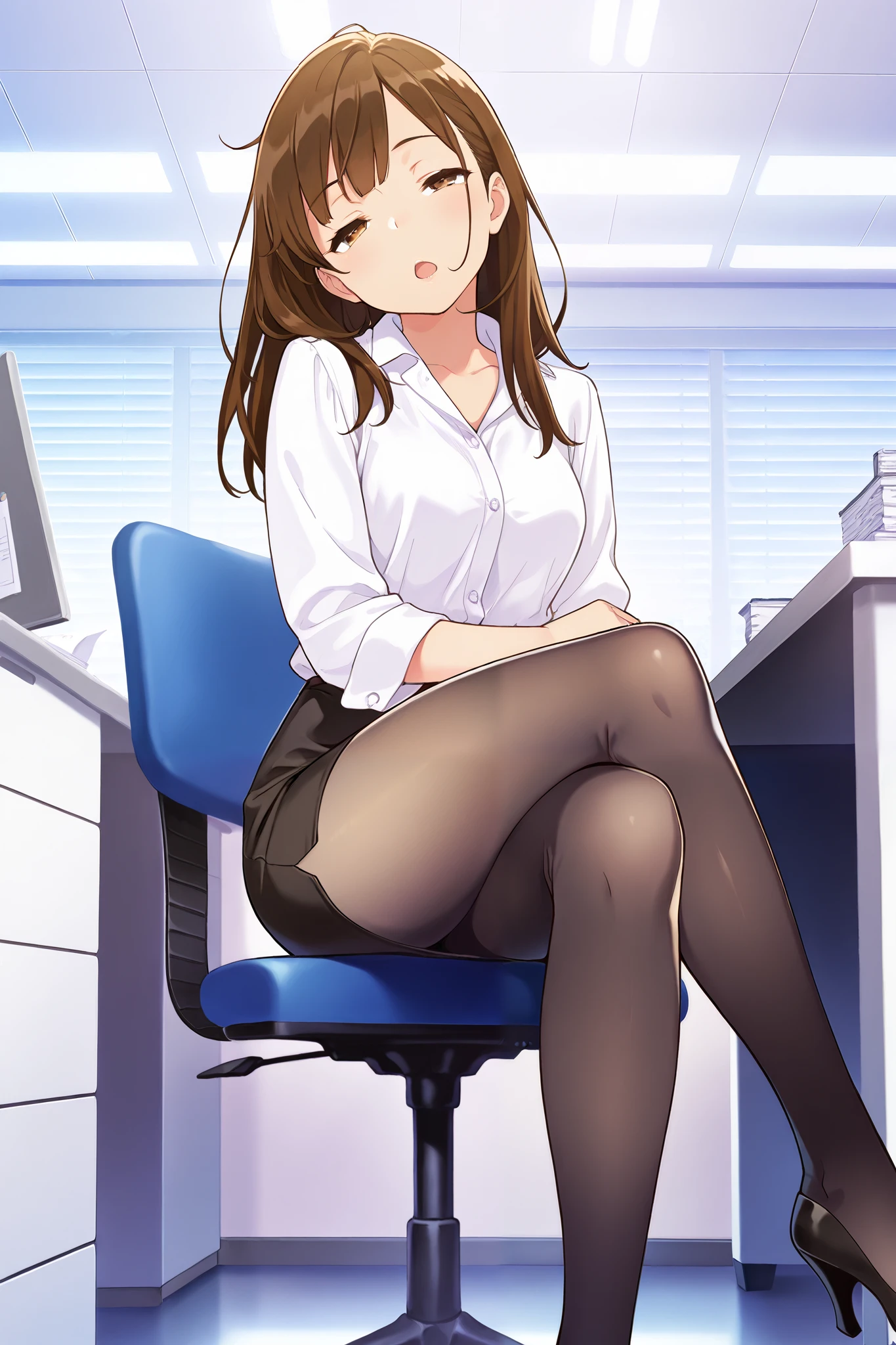 masterpiece, best quality, 1girl, {sleepy:3.0}, {tights:4.0}, {crossed eyes:0.1}, long hair, brown hair, pencil skirt, dress shirt, black legwear, open mouth,official art, head tilt, high heels, official art, anime, office, sitting, crossed legs, dark legwear