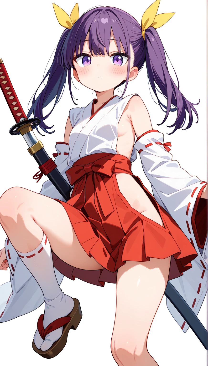 Masterpiece, best quality,maki nishikino, ninja kimono, bottomless, black thong, fishnet thighhighs,red hair, purple eyes , love live style , holding combat knife 