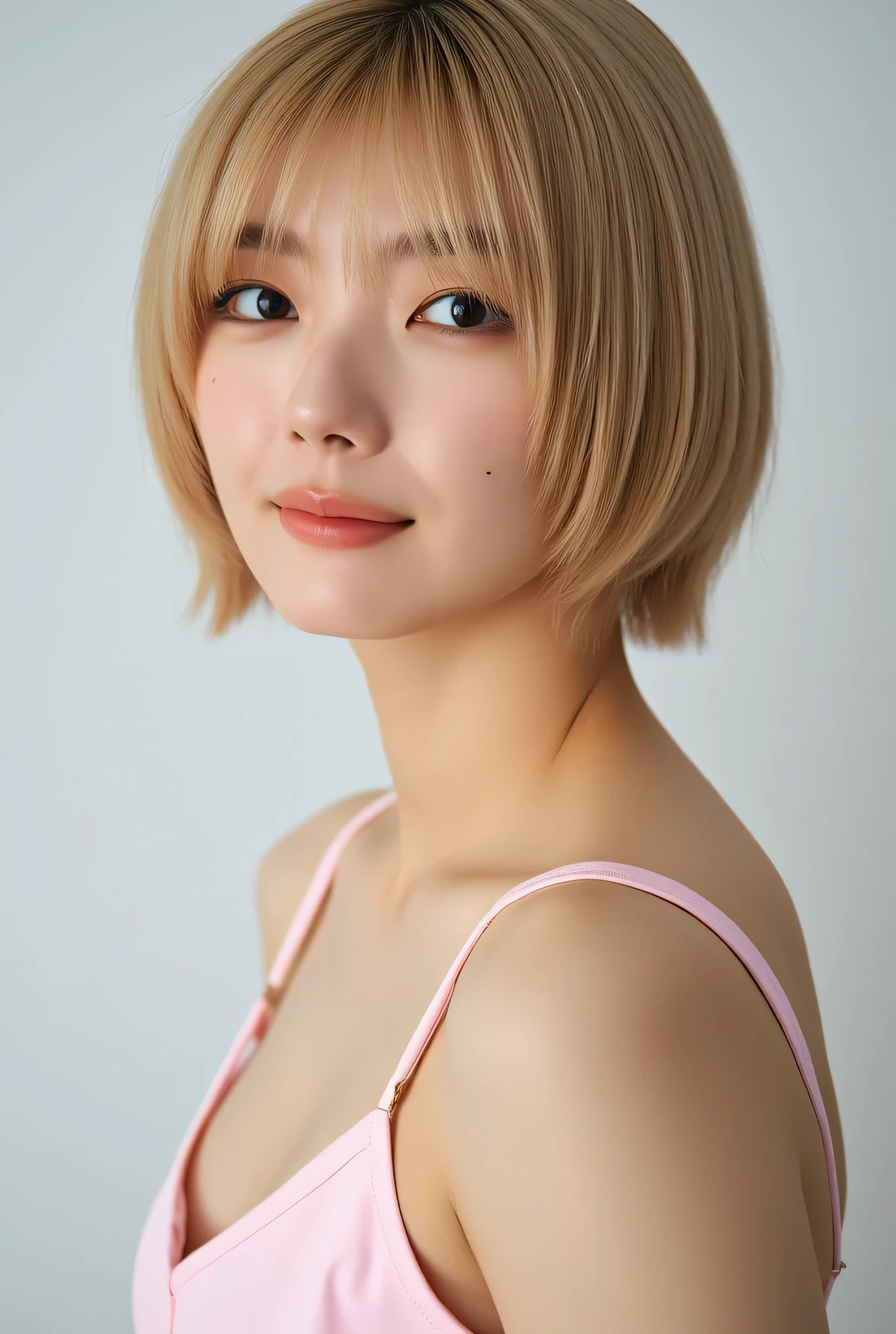 (((Short blonde bob hair )),( hair between eyes, thick eyebrows, earrings, , ),, (realistic photo:1.3), RAW photo, (high quality:1.2), masterpiece, beautiful asian woman, natural makeup, flawless skin, ((Light pink non-padded bras,Light pink T-back)),(studio lighting:1.2), professional photography, fashion magazine style