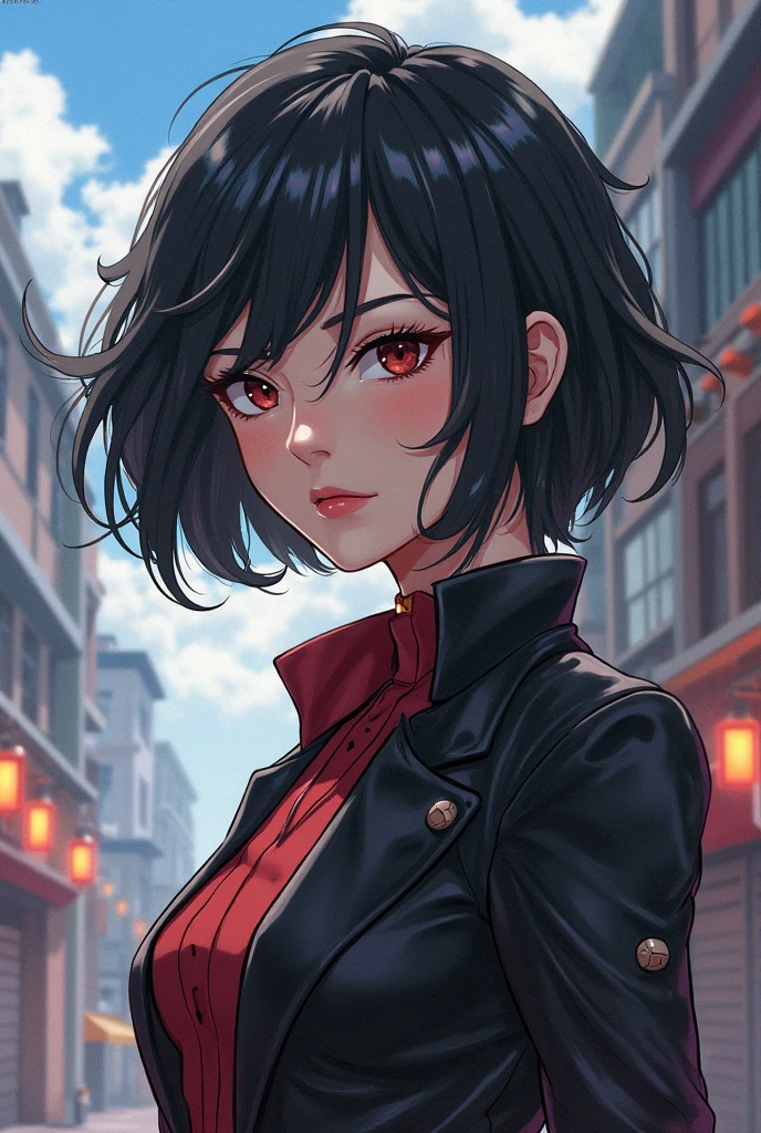 a woman in a suit, looking down at viewer with narrowed eyes, she is smoking a cigarette, beautiful, red eye, black hair, wolf hair cut, low angle view